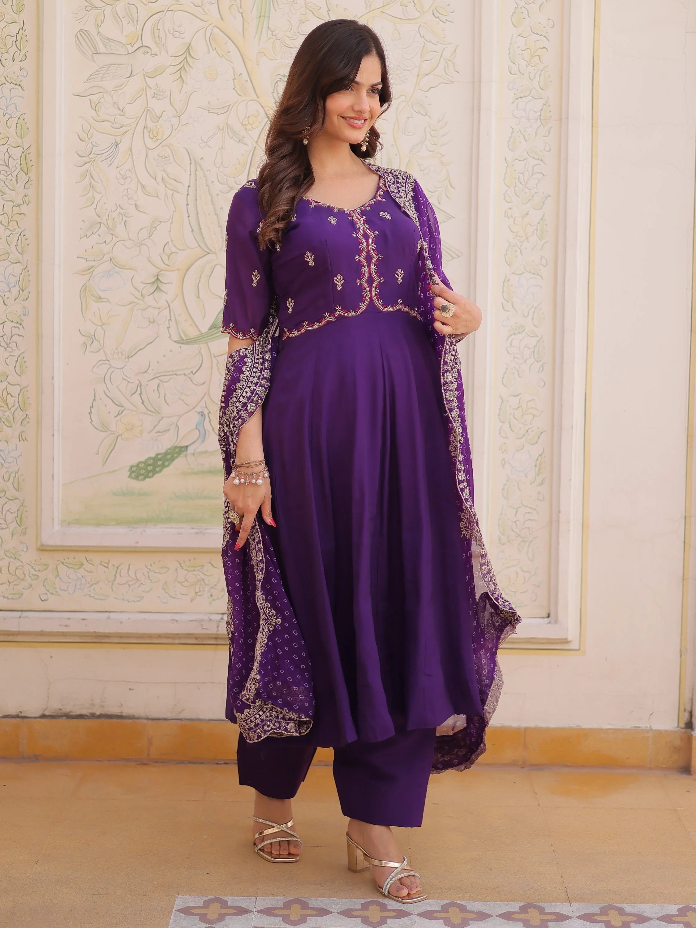 Purple Attractive Bead Work Chanderi Wedding Wear Anarkali Suit