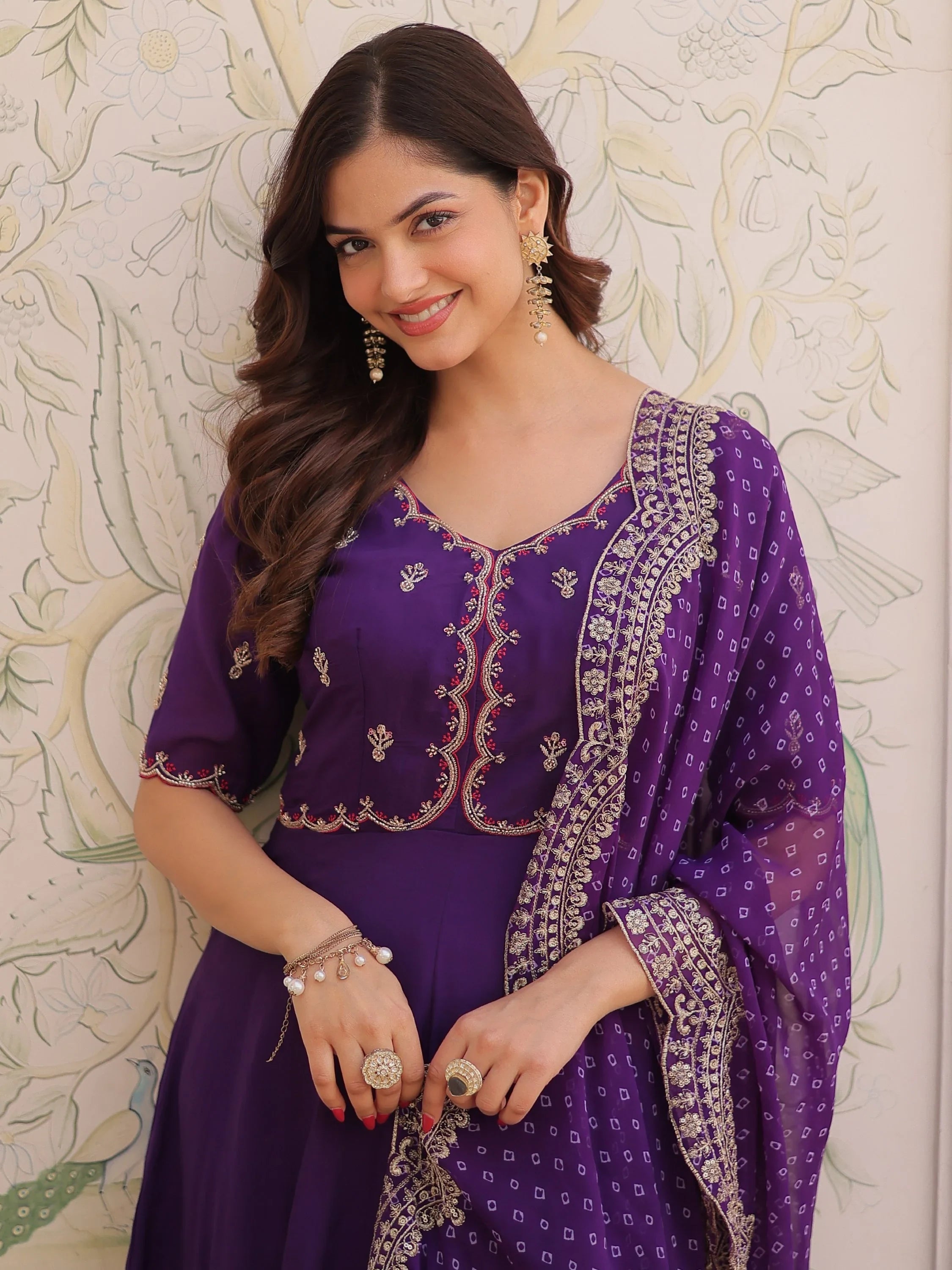 Purple Attractive Bead Work Chanderi Wedding Wear Anarkali Suit