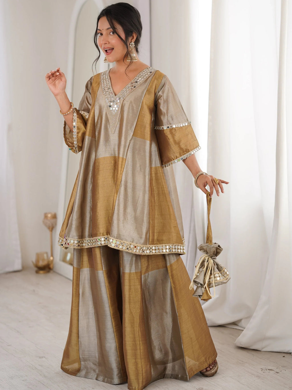 Stylish Golden Mirror Work Tissue Wedding Wear Palazzo Suit