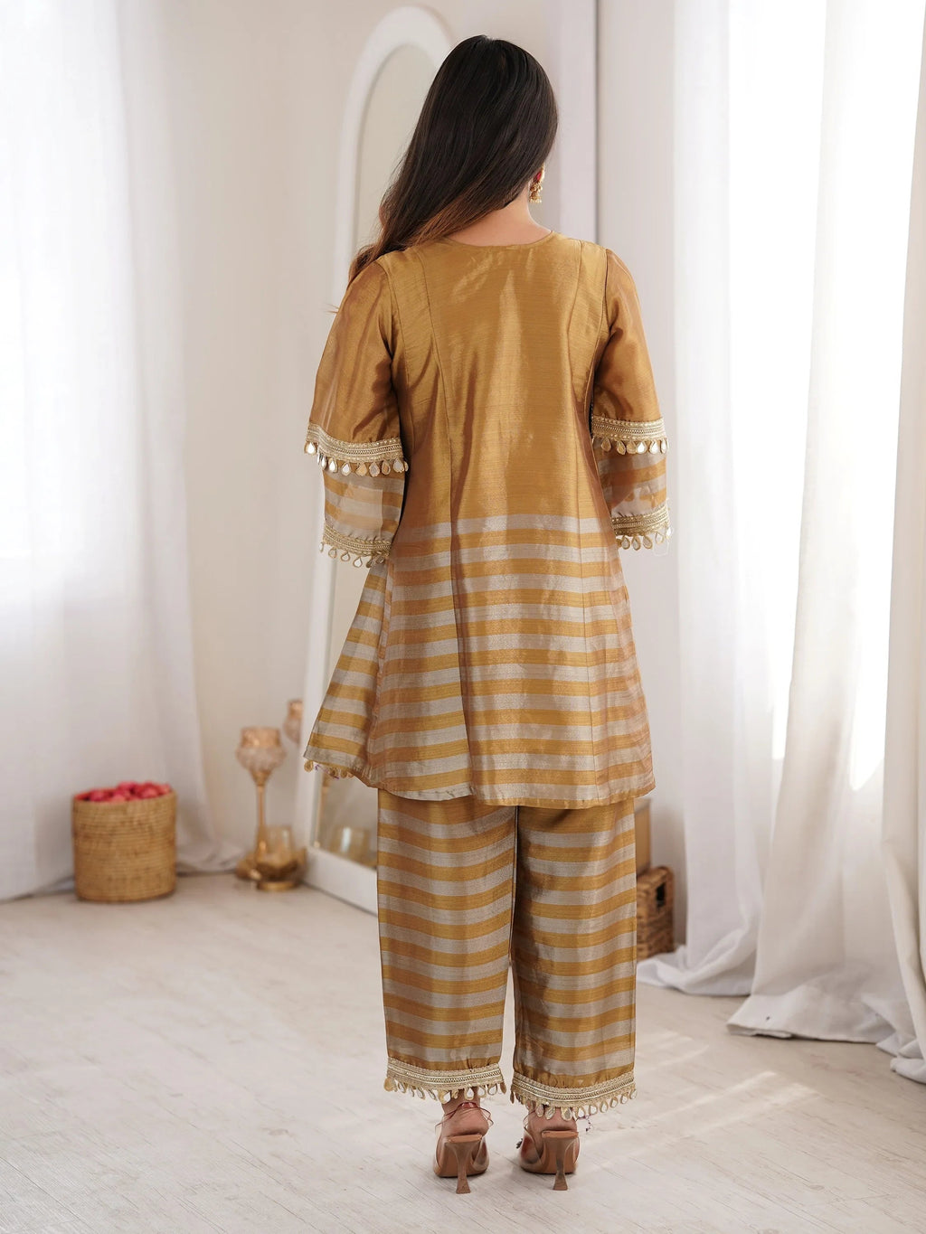 Incredible Golden Mirror Work Tissue Party Wear Co-ord Set With Batwa