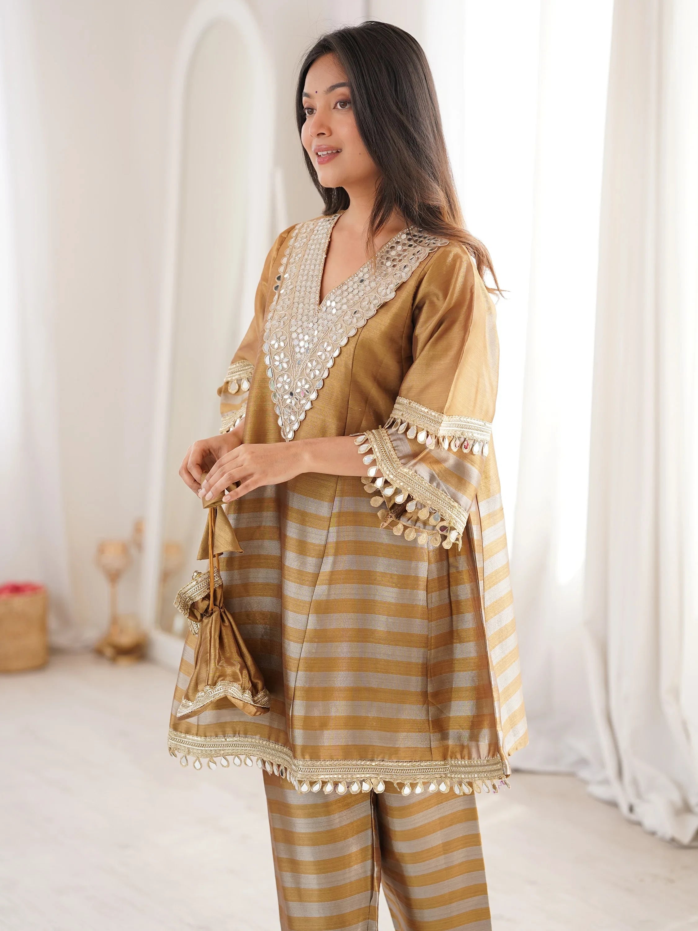 Incredible Golden Mirror Work Tissue Party Wear Co-ord Set With Batwa