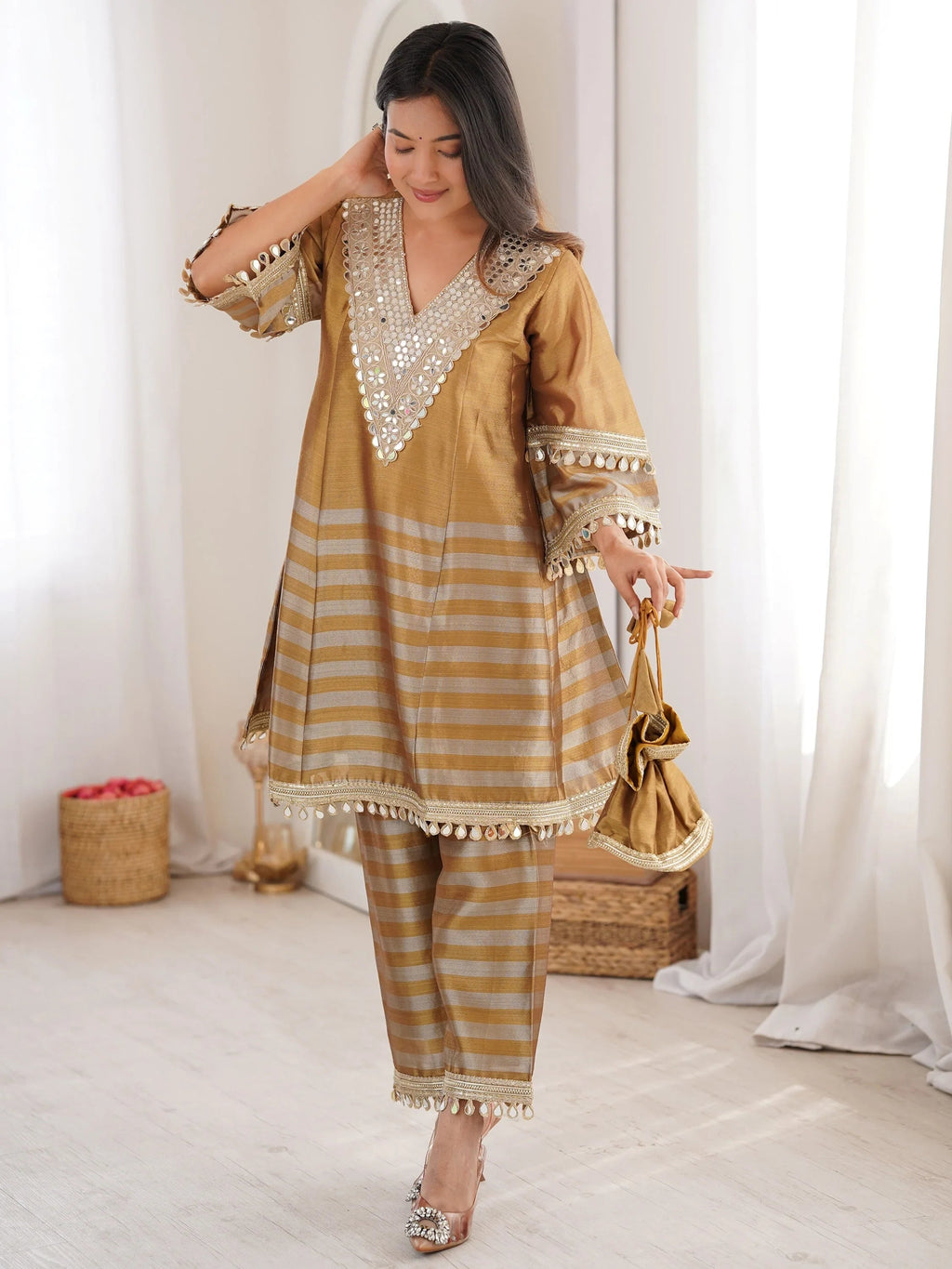 Incredible Golden Mirror Work Tissue Party Wear Co-ord Set With Batwa