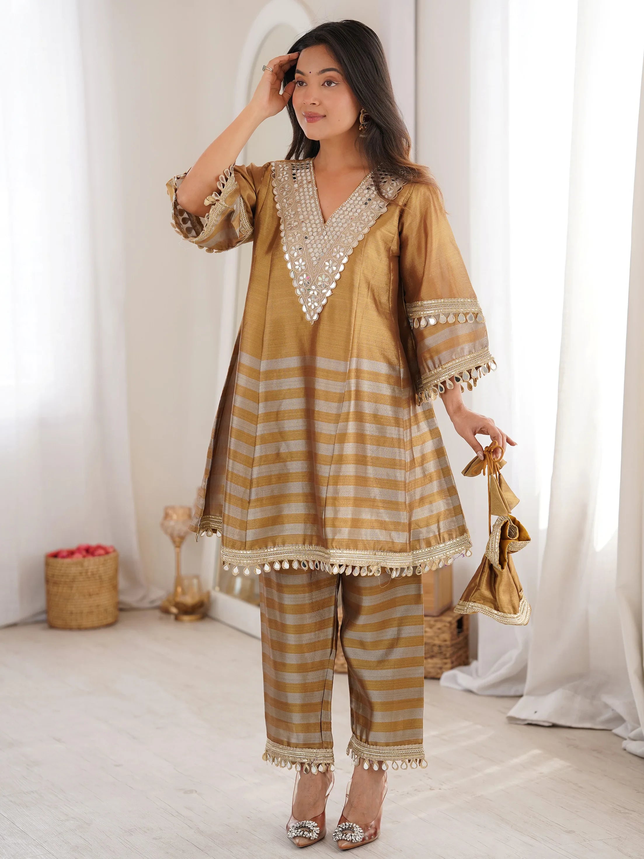 Incredible Golden Mirror Work Tissue Party Wear Co-ord Set With Batwa