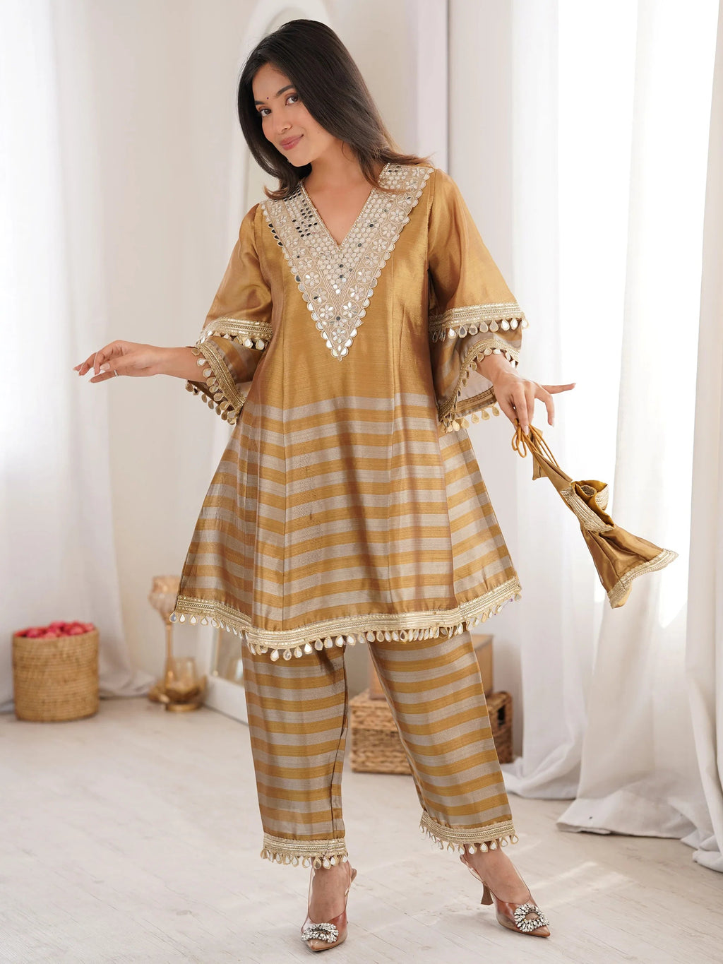 Incredible Golden Mirror Work Tissue Party Wear Co-ord Set With Batwa