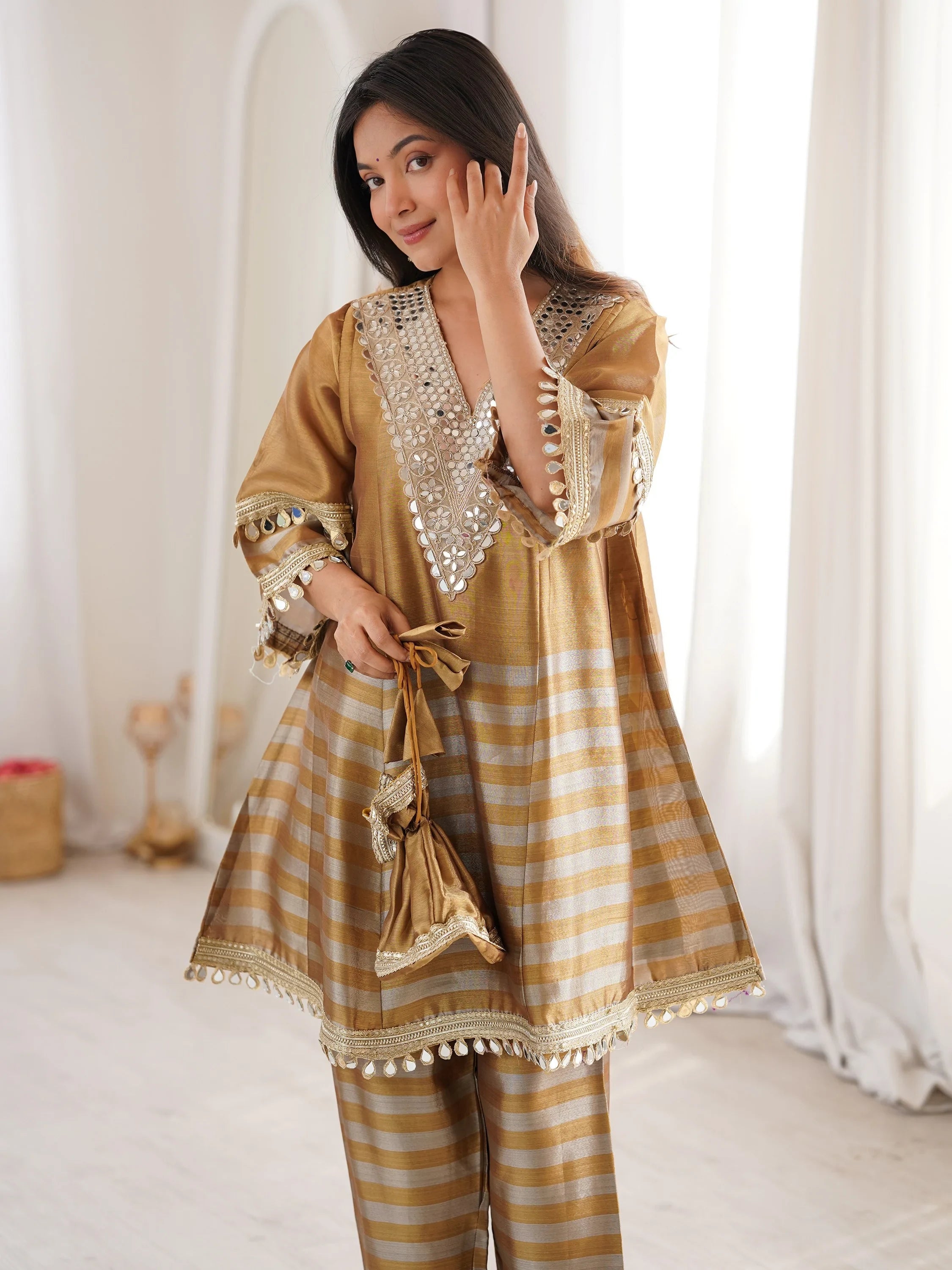 Incredible Golden Mirror Work Tissue Party Wear Co-ord Set With Batwa