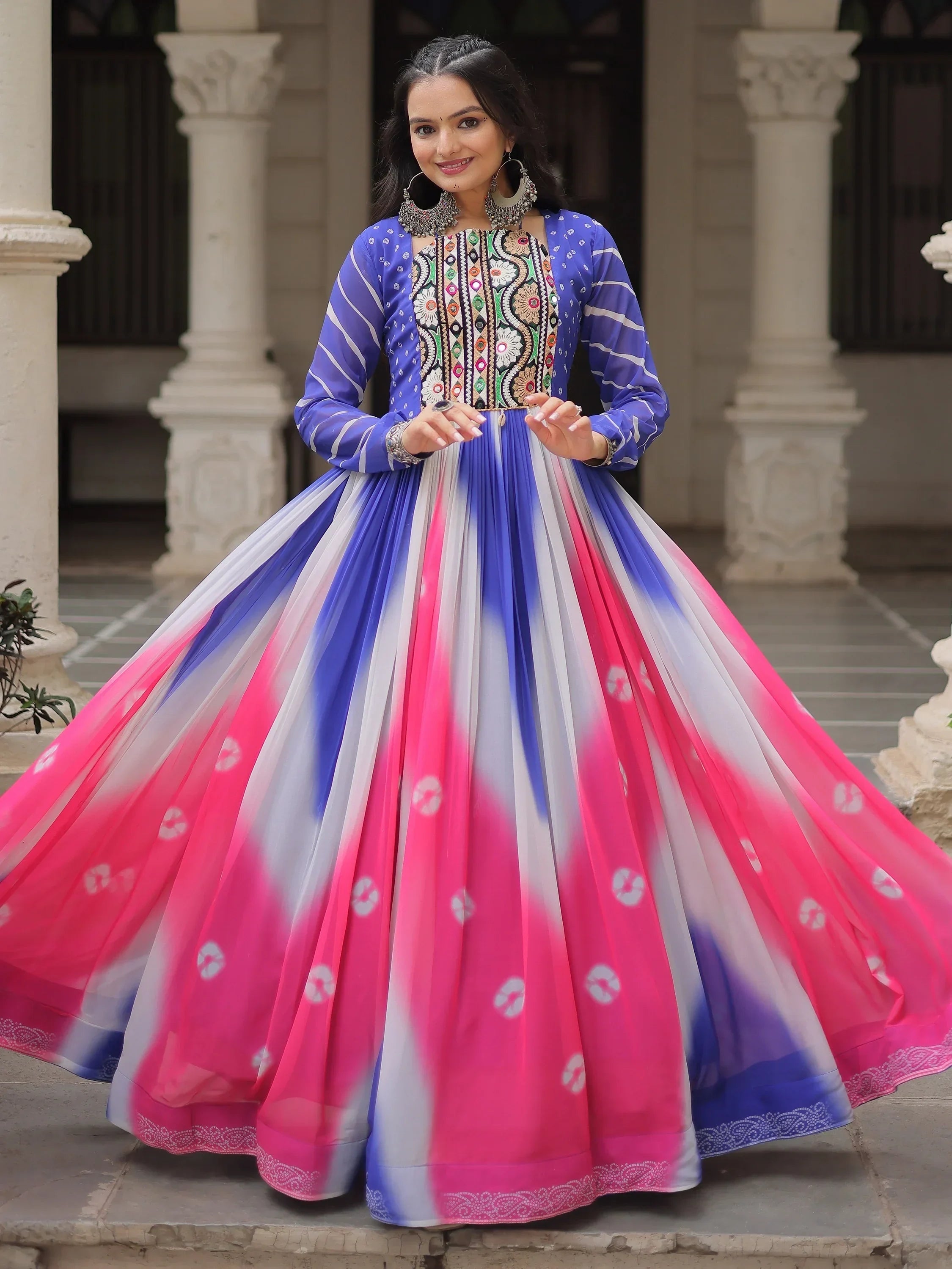Beautiful Multi-Color Thread Embroidered Georgette Navratri Special Gown