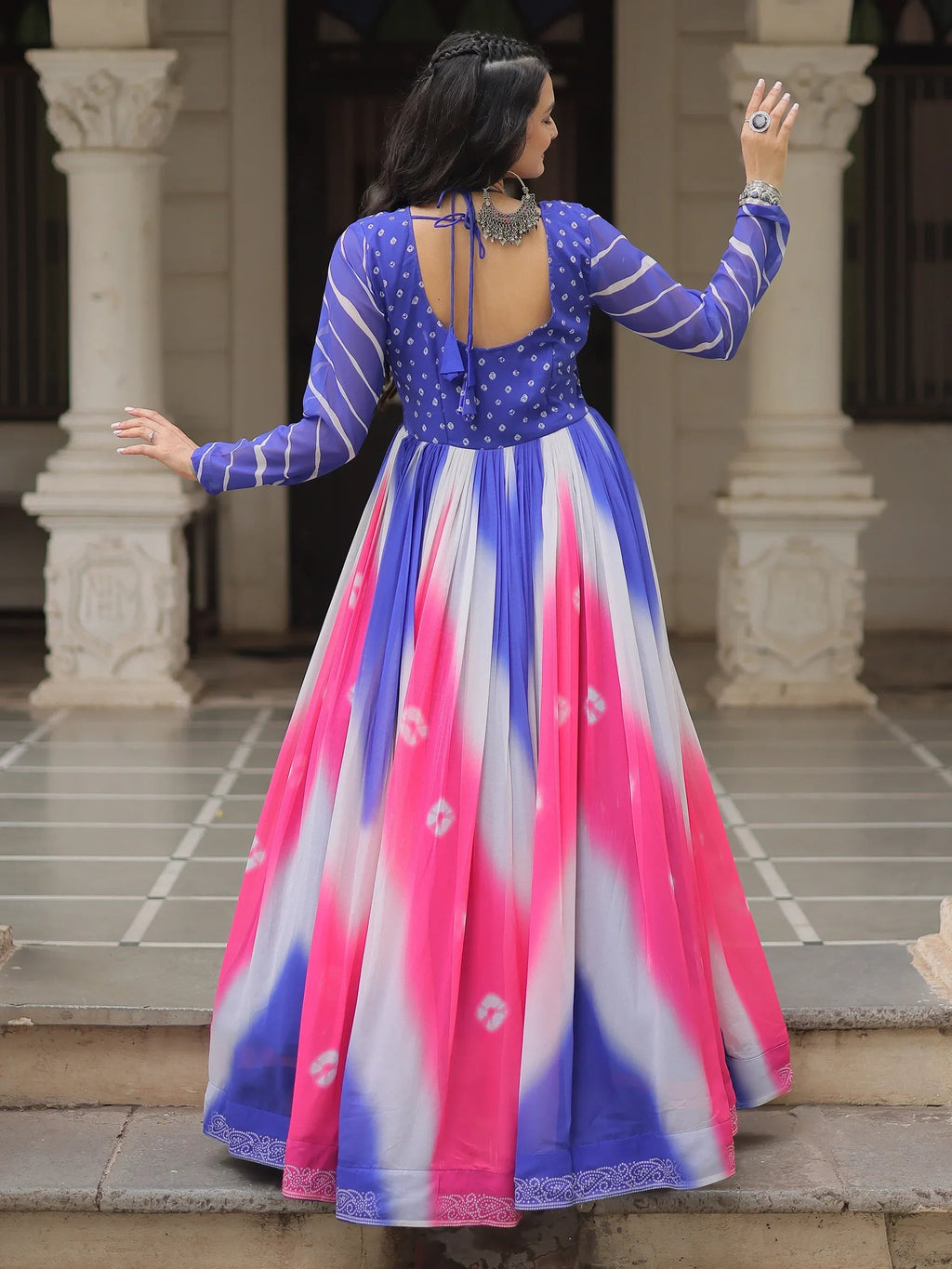 Beautiful Multi-Color Thread Embroidered Georgette Navratri Special Gown
