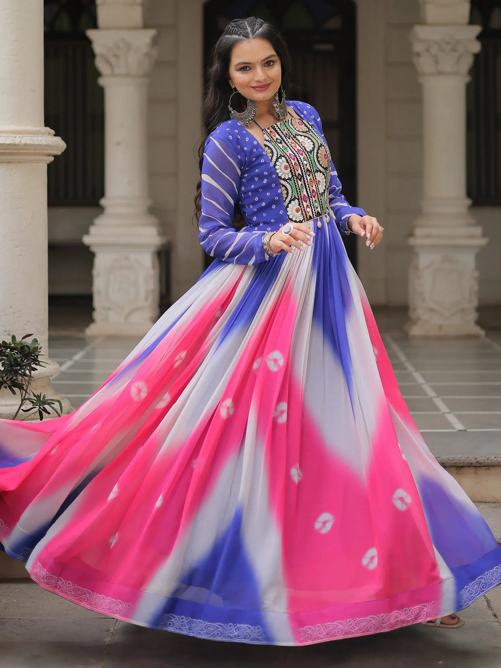 Beautiful Multi-Color Thread Embroidered Georgette Navratri Special Gown