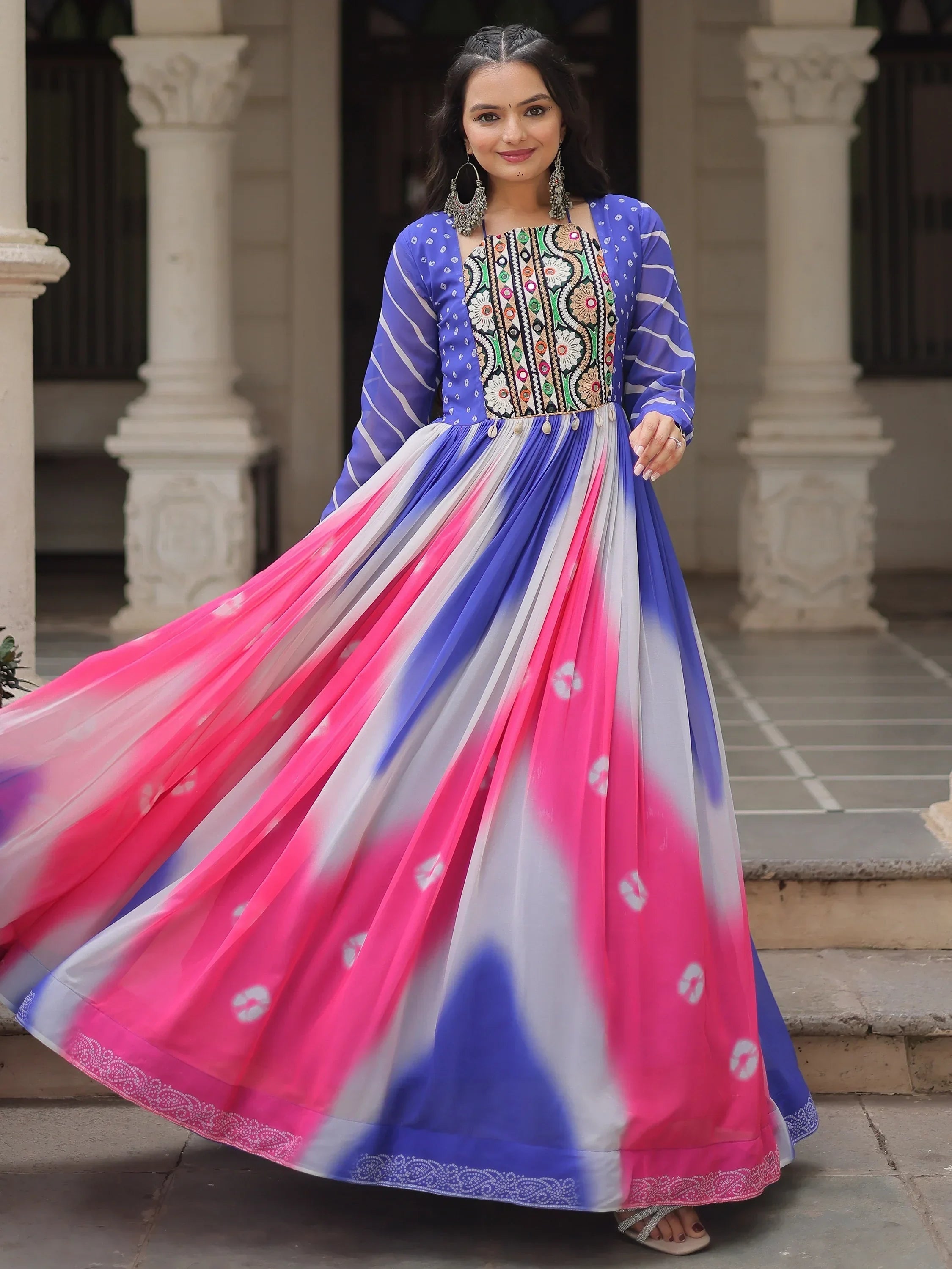 Beautiful Multi-Color Thread Embroidered Georgette Navratri Special Gown