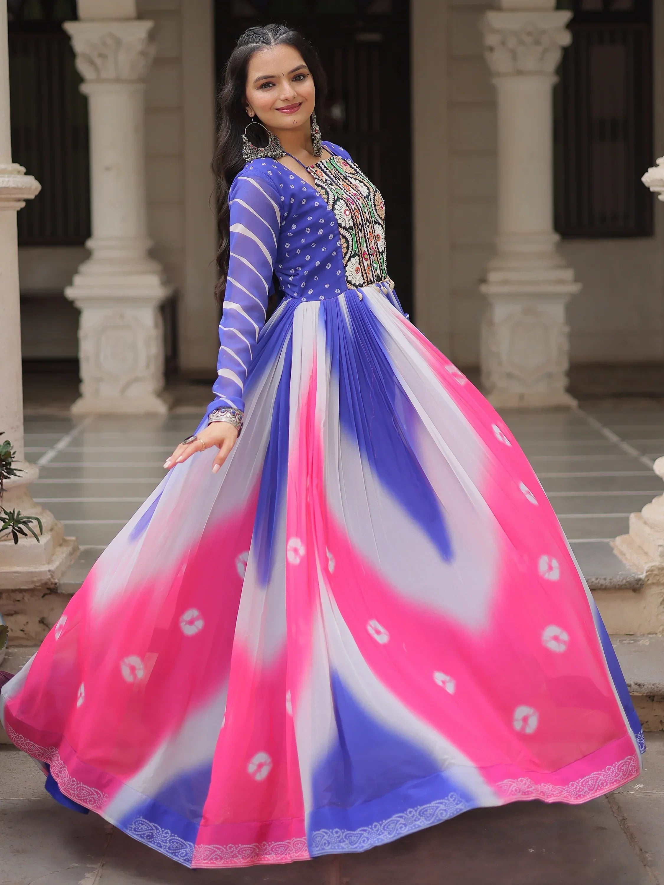 Beautiful Multi-Color Thread Embroidered Georgette Navratri Special Gown