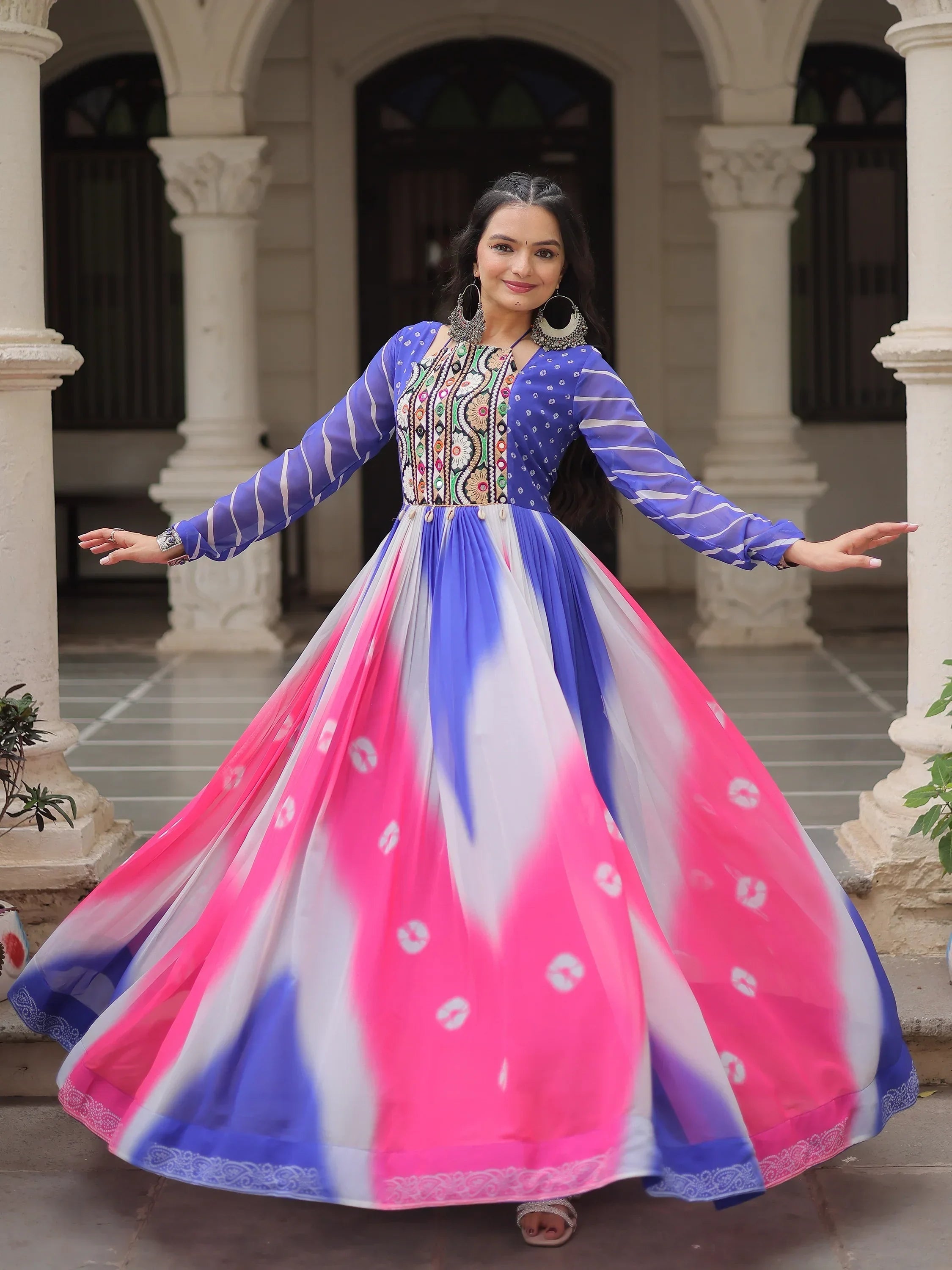 Beautiful Multi-Color Thread Embroidered Georgette Navratri Special Gown