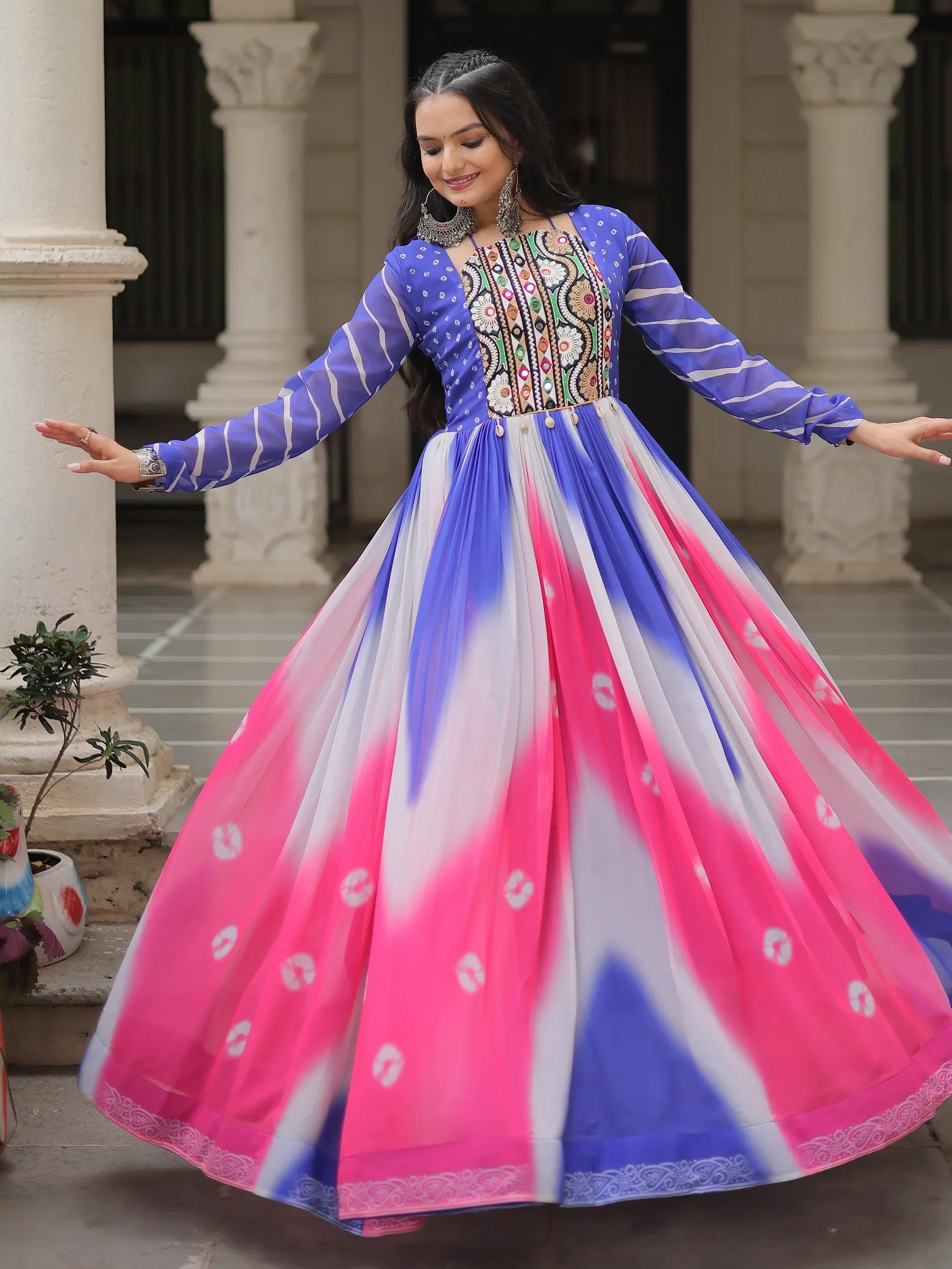 Beautiful Multi-Color Thread Embroidered Georgette Navratri Special Gown