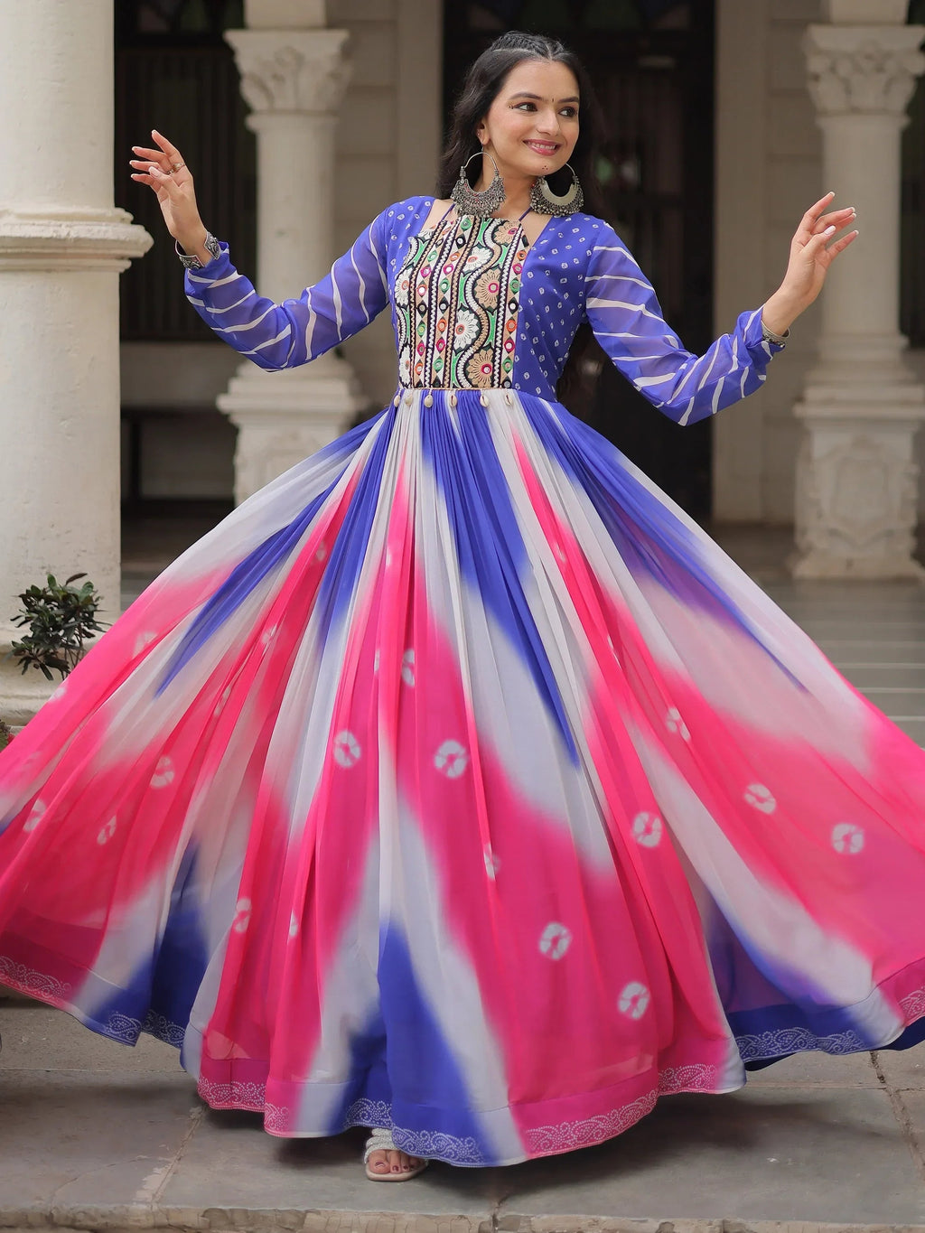 Beautiful Multi-Color Thread Embroidered Georgette Navratri Special Gown