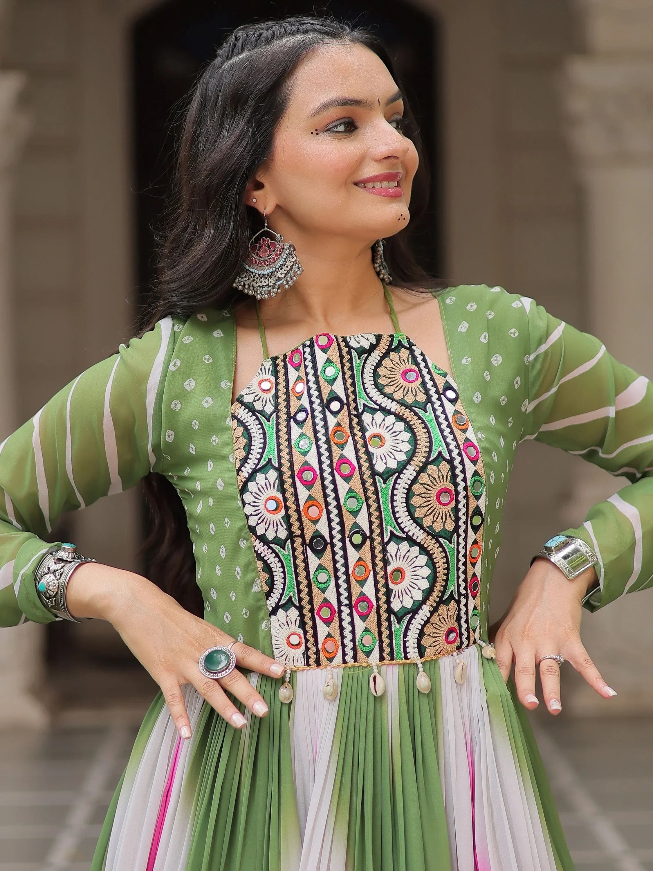 Bewitching Multi-Color Thread Embroidered Georgette Navratri Special Gown