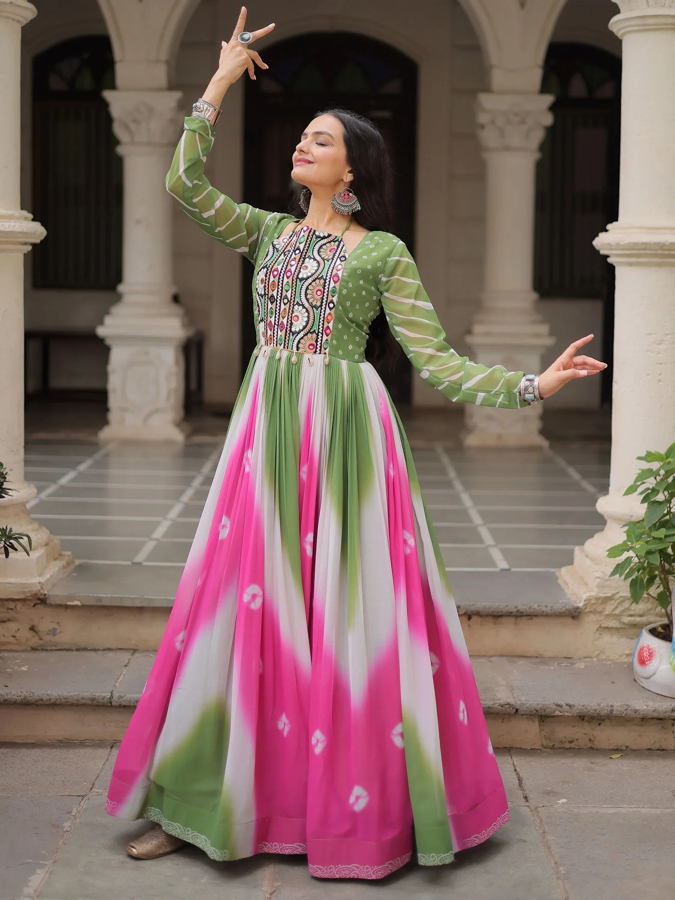 Bewitching Multi-Color Thread Embroidered Georgette Navratri Special Gown