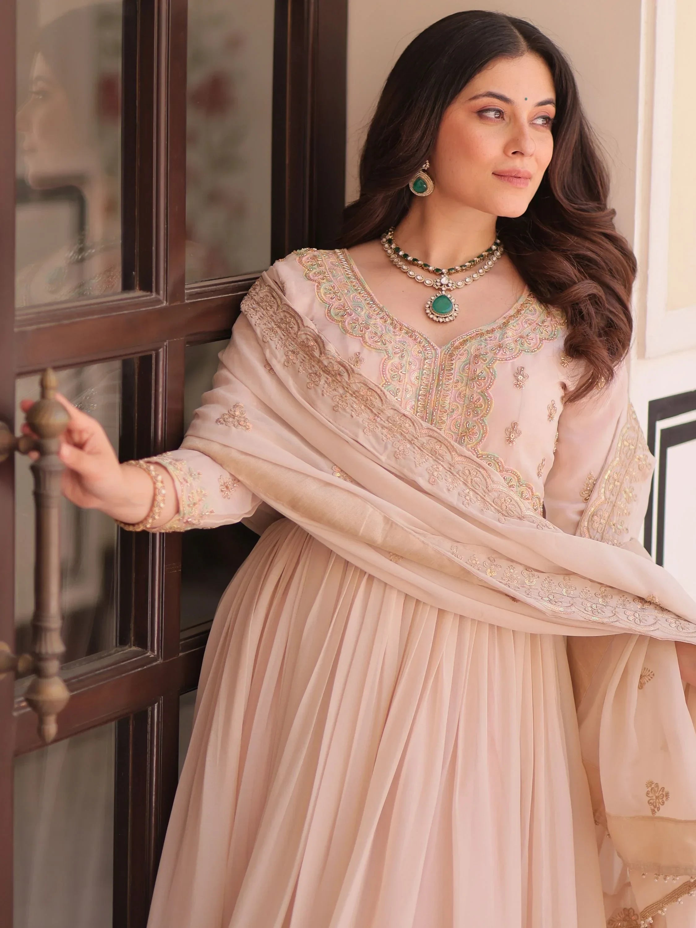 Peach Stylish Thread Work Georgette Festival Wear Gown With Dupatta