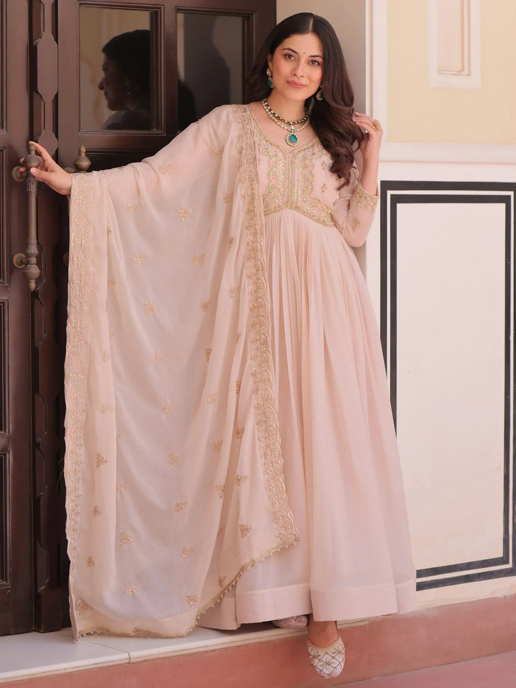Peach Stylish Thread Work Georgette Festival Wear Gown With Dupatta