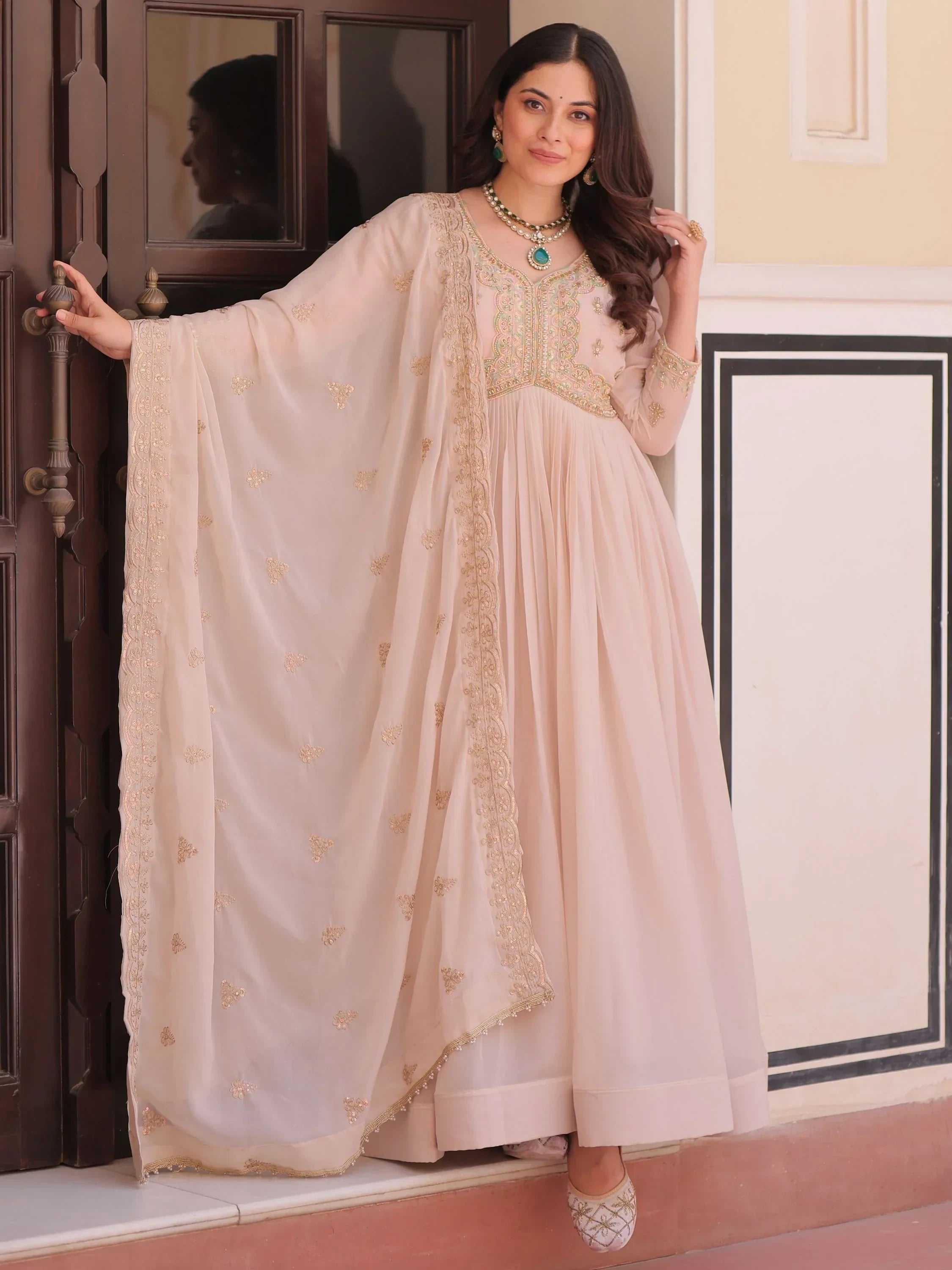 Peach Stylish Thread Work Georgette Festival Wear Gown With Dupatta