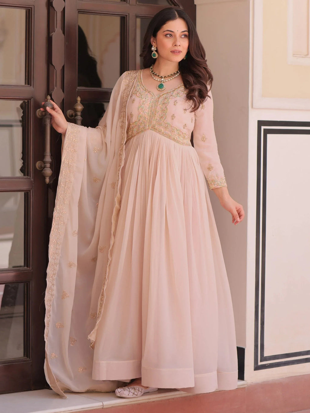 Peach Stylish Thread Work Georgette Festival Wear Gown With Dupatta