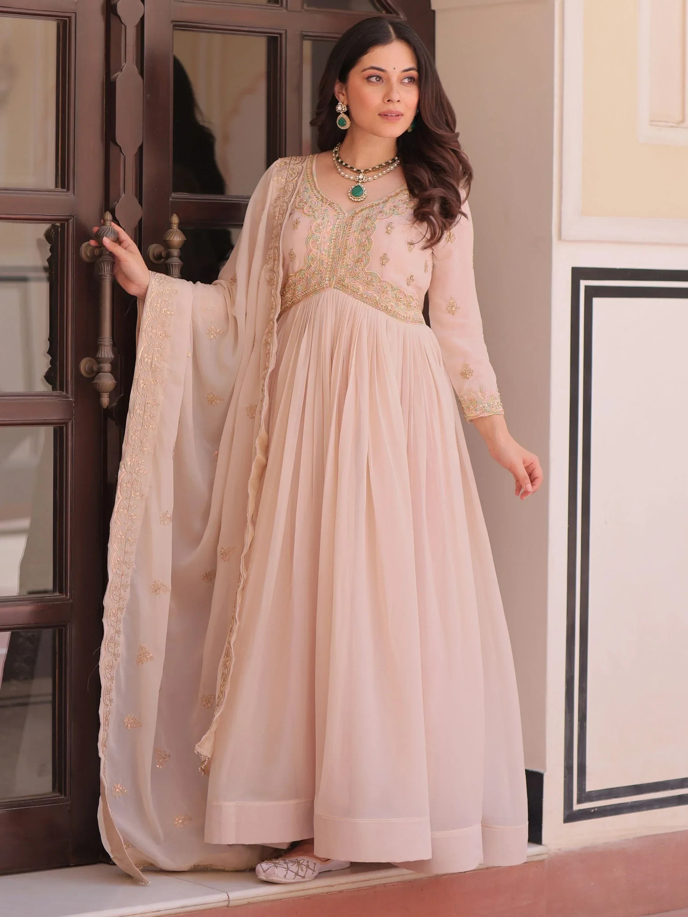 Peach Stylish Thread Work Georgette Festival Wear Gown With Dupatta