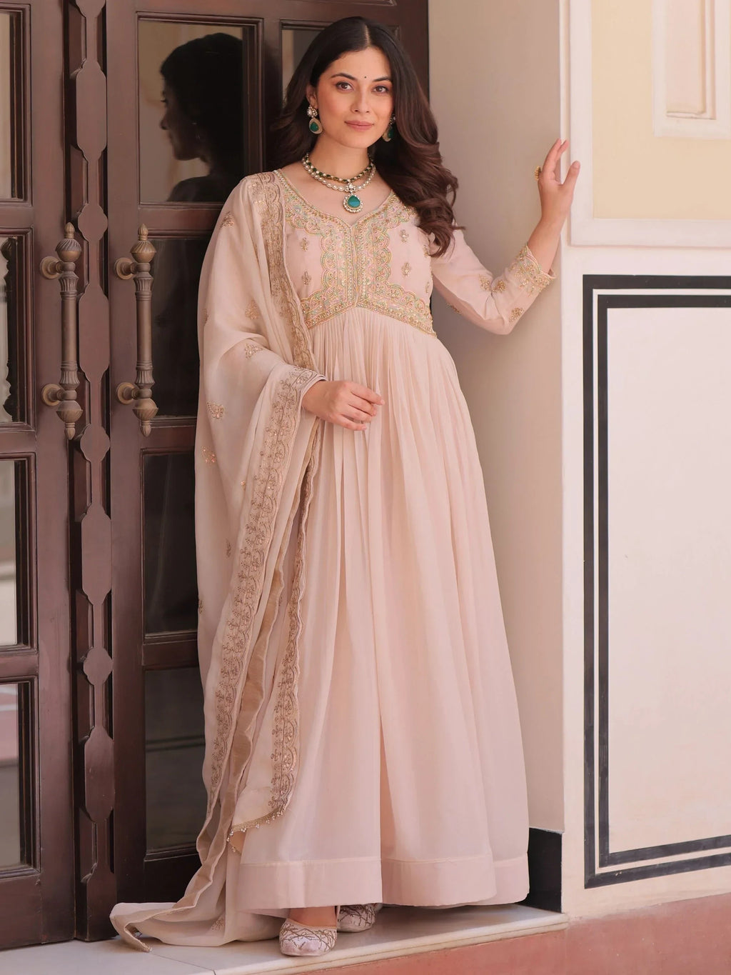 Peach Stylish Thread Work Georgette Festival Wear Gown With Dupatta