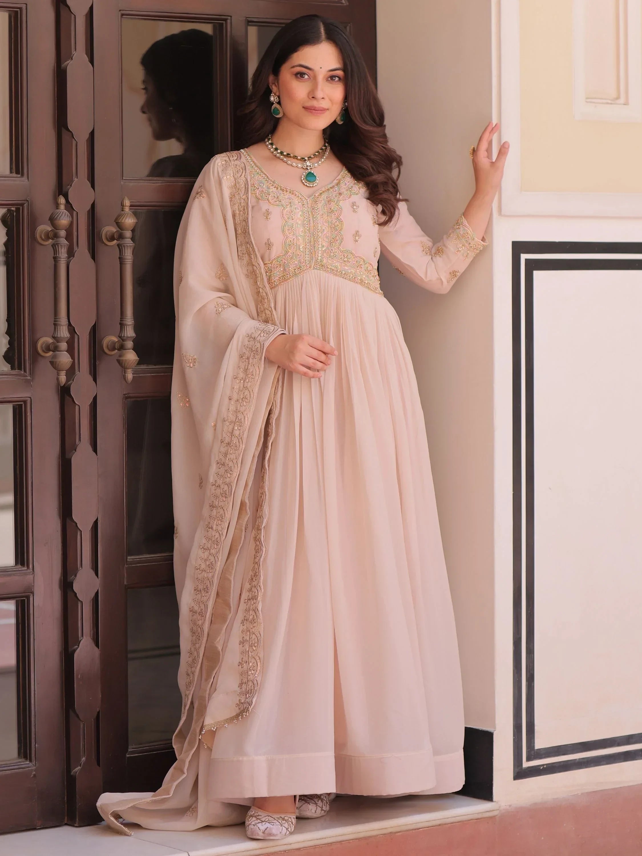 Peach Stylish Thread Work Georgette Festival Wear Gown With Dupatta