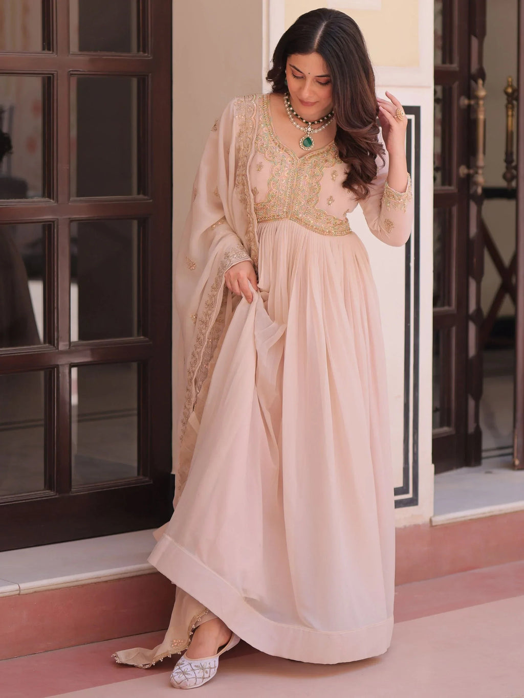 Peach Stylish Thread Work Georgette Festival Wear Gown With Dupatta