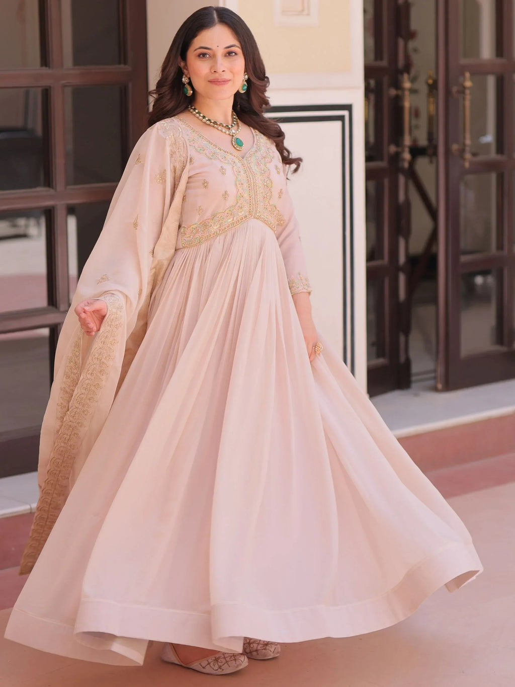 Peach Stylish Thread Work Georgette Festival Wear Gown With Dupatta