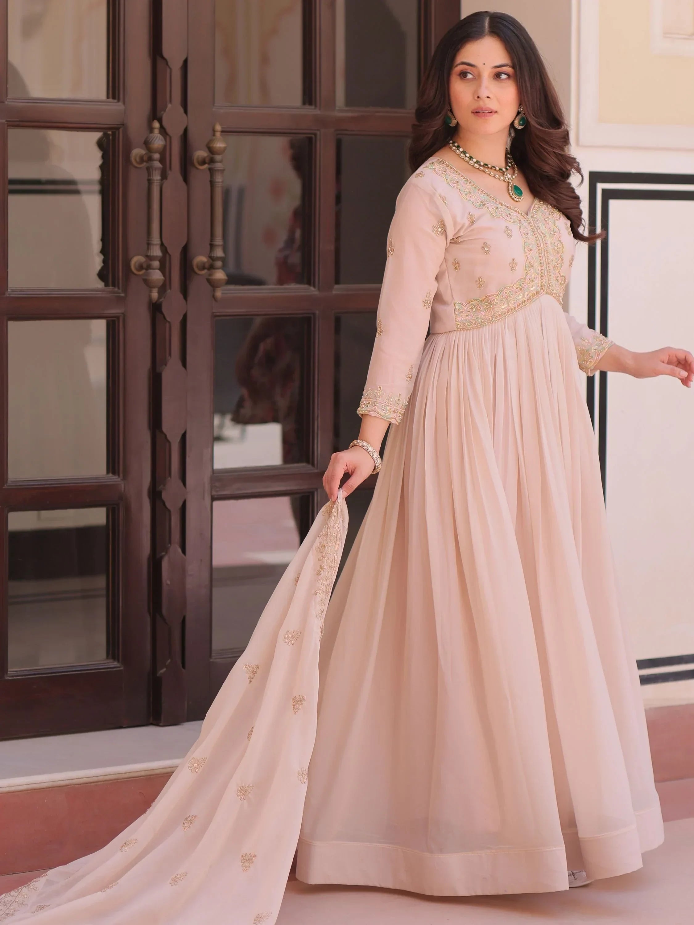 Peach Stylish Thread Work Georgette Festival Wear Gown With Dupatta