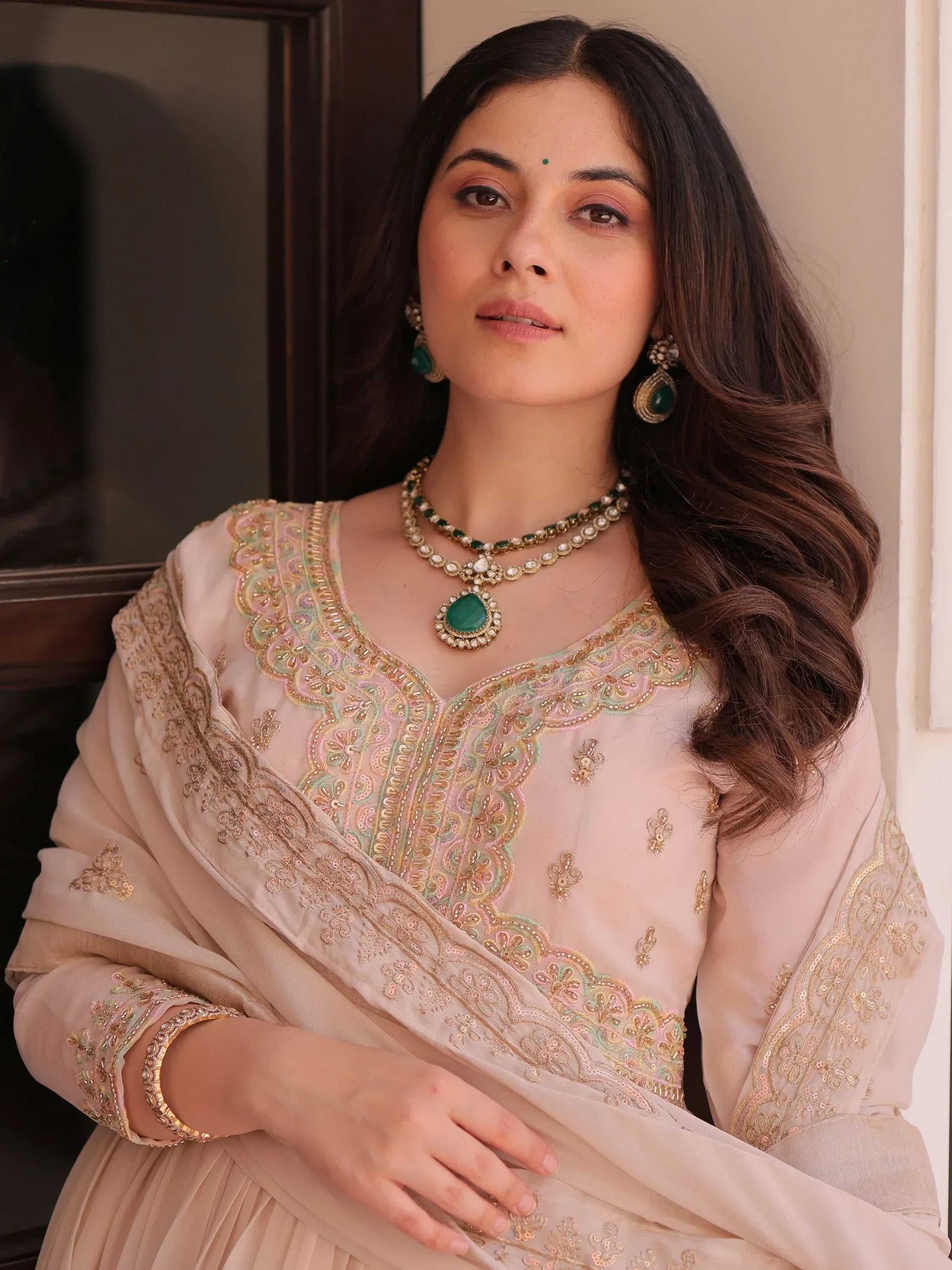 Peach Stylish Thread Work Georgette Festival Wear Gown With Dupatta