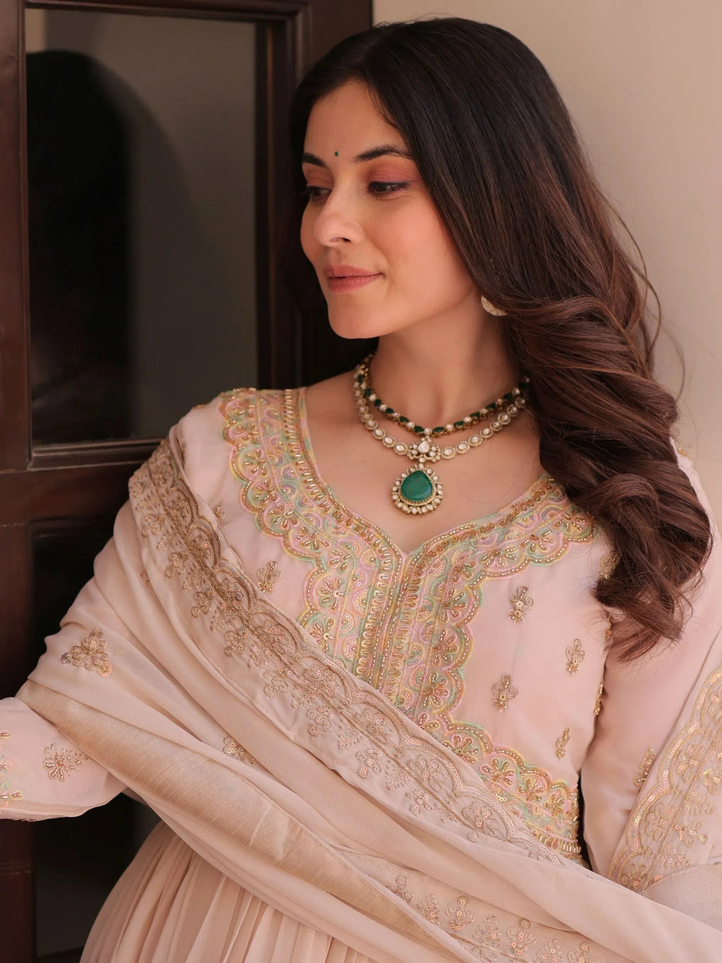Peach Stylish Thread Work Georgette Festival Wear Gown With Dupatta