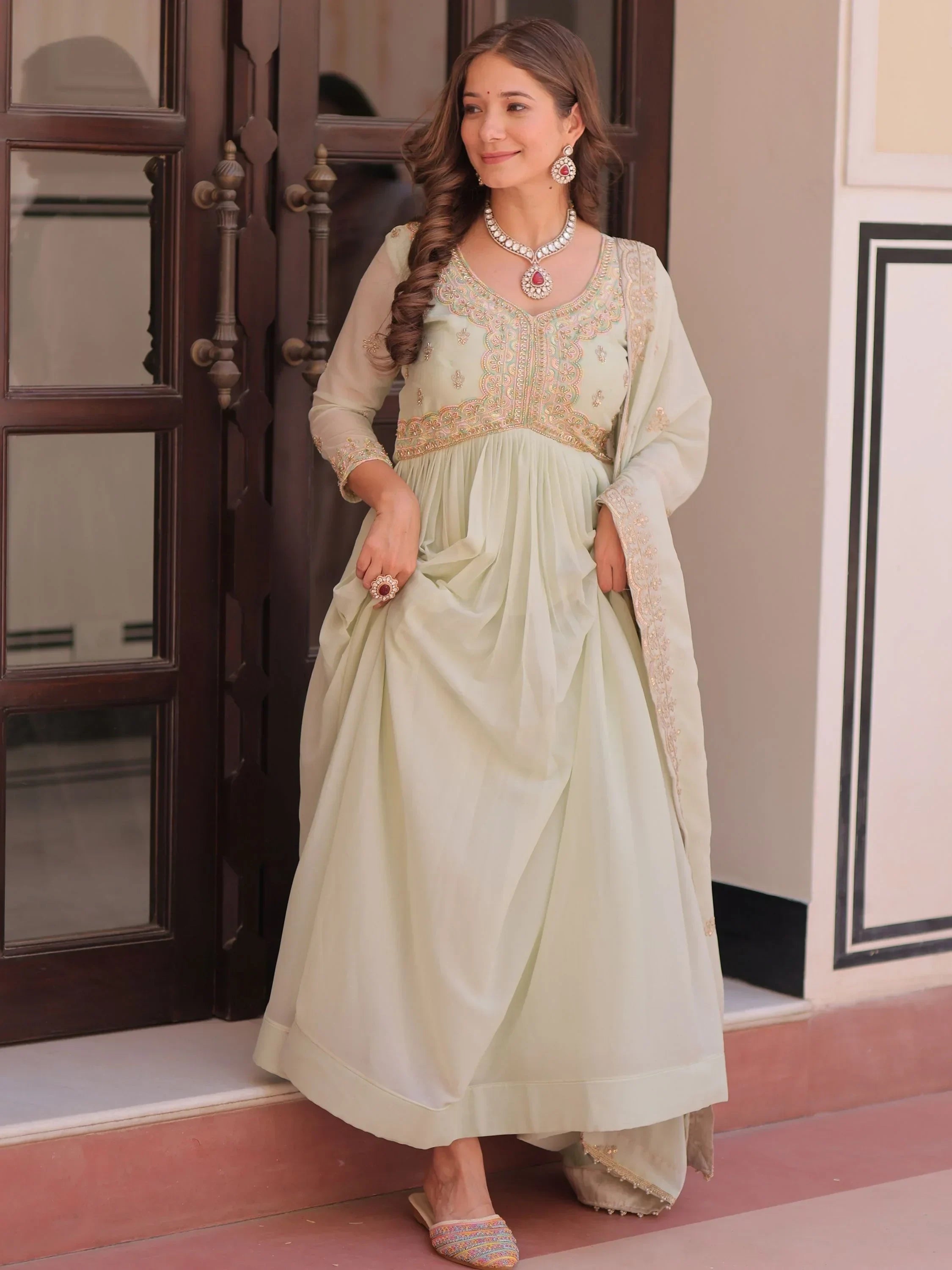 Green Stylish Thread Work Georgette Festival Wear Gown With Dupatta