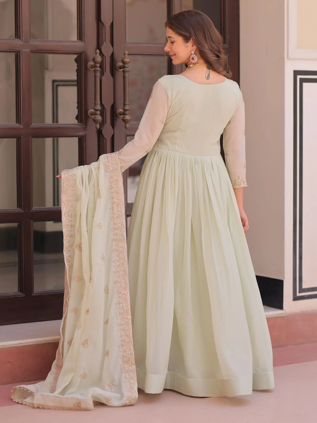 Green Stylish Thread Work Georgette Festival Wear Gown With Dupatta