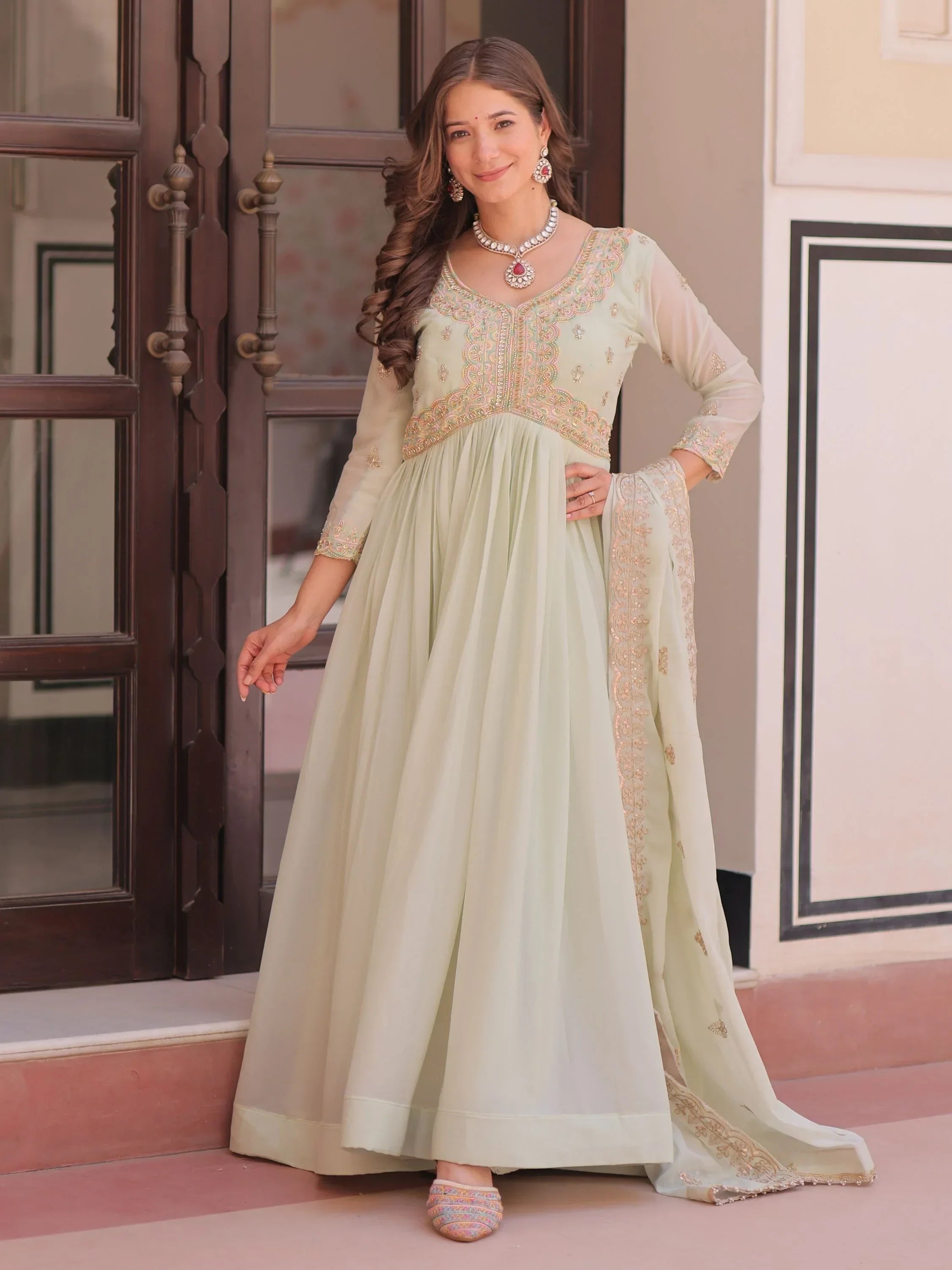 Green Stylish Thread Work Georgette Festival Wear Gown With Dupatta