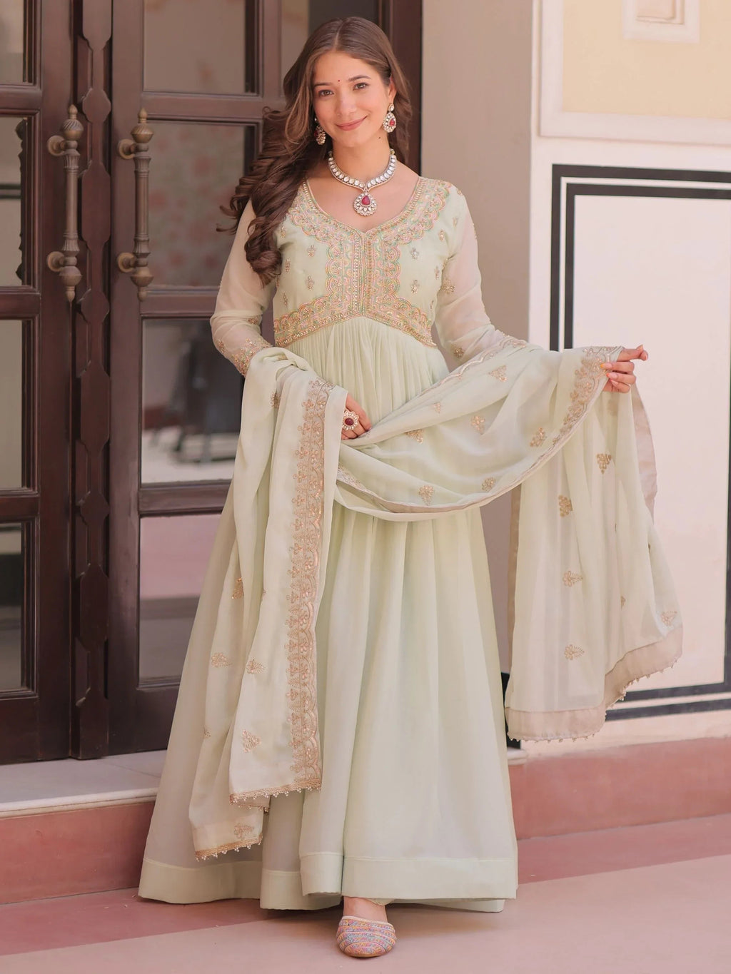 Green Stylish Thread Work Georgette Festival Wear Gown With Dupatta