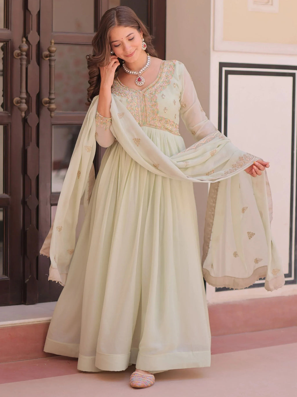 Green Stylish Thread Work Georgette Festival Wear Gown With Dupatta