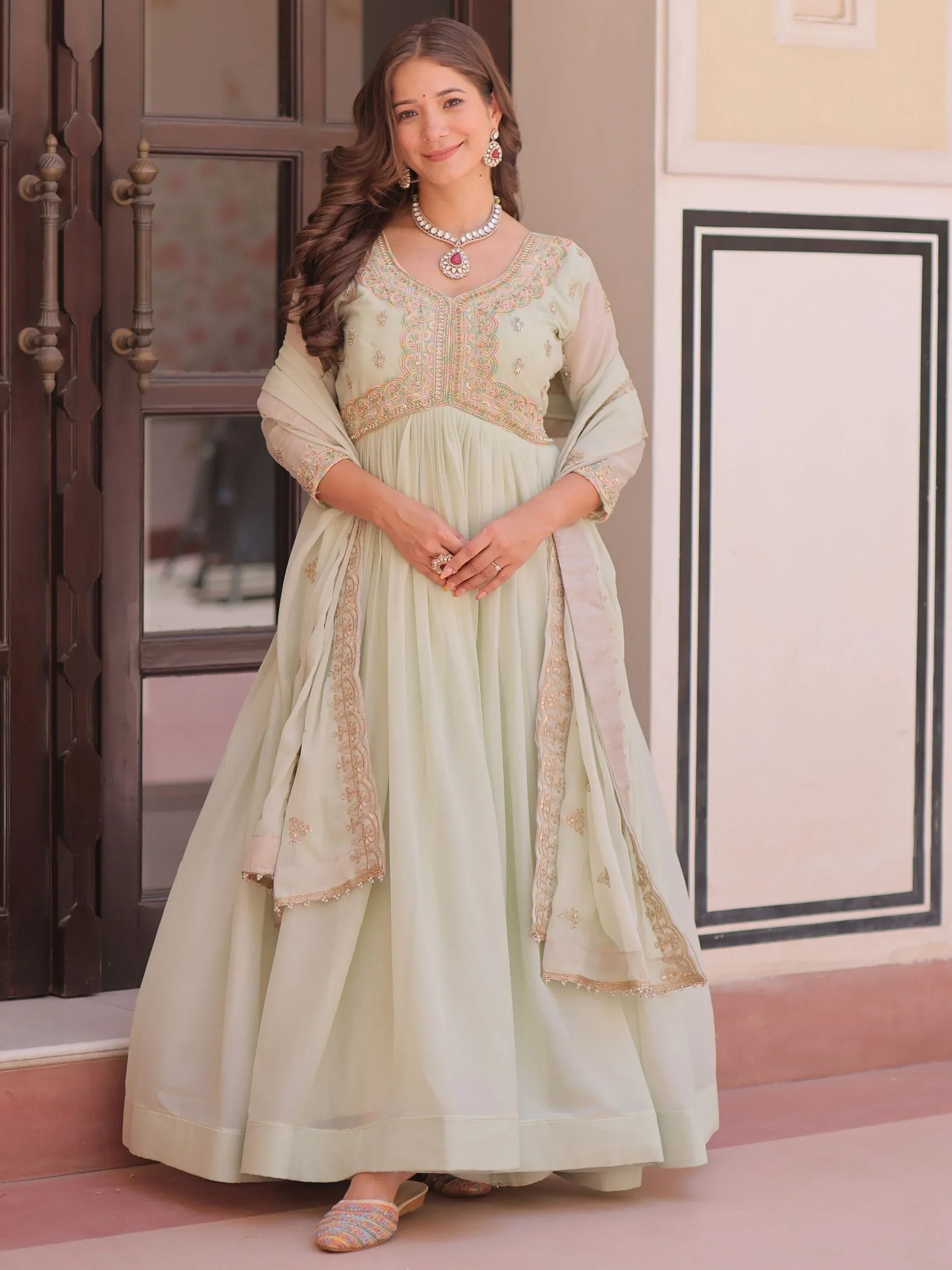 Green Stylish Thread Work Georgette Festival Wear Gown With Dupatta