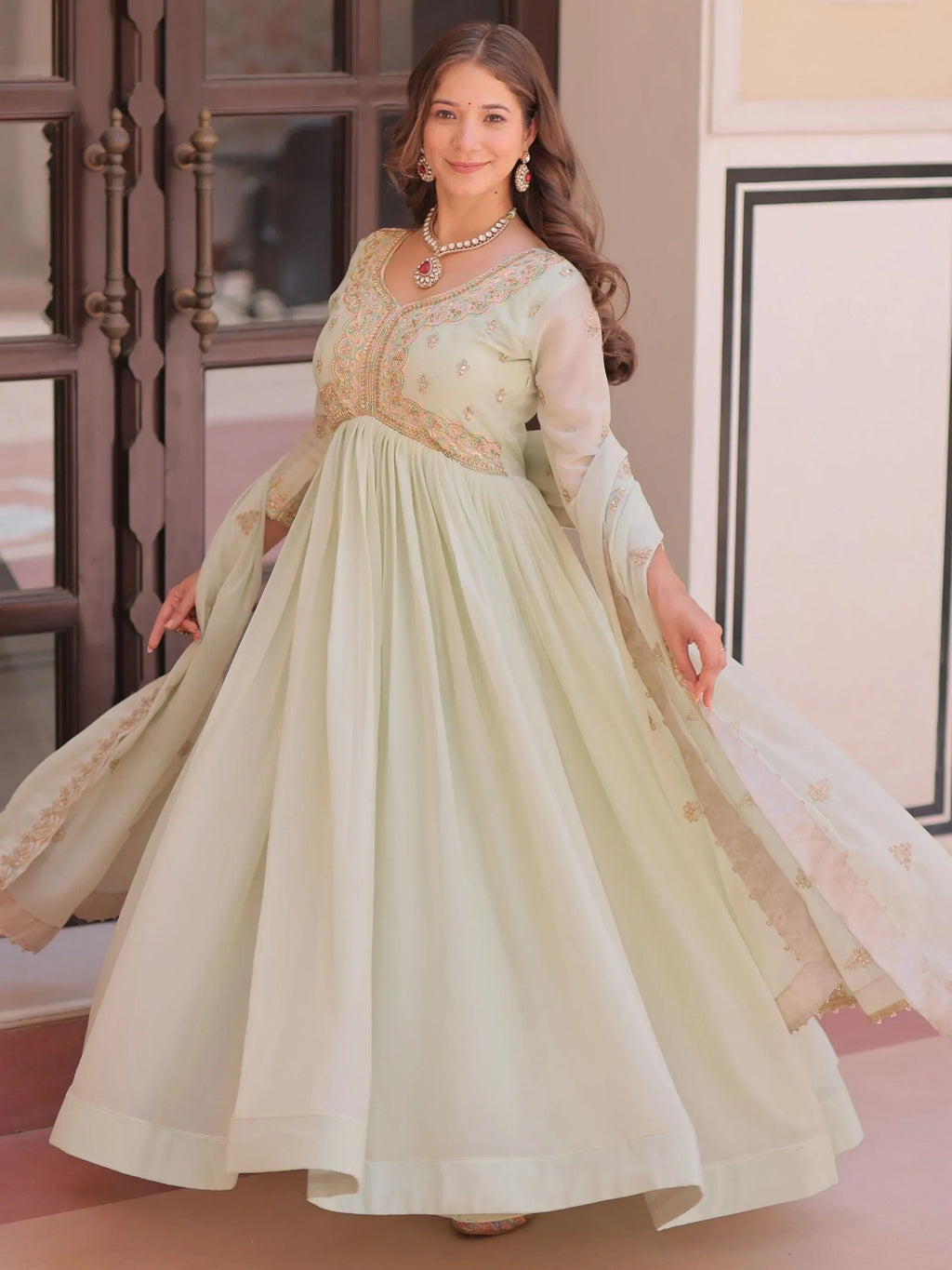 Green Stylish Thread Work Georgette Festival Wear Gown With Dupatta