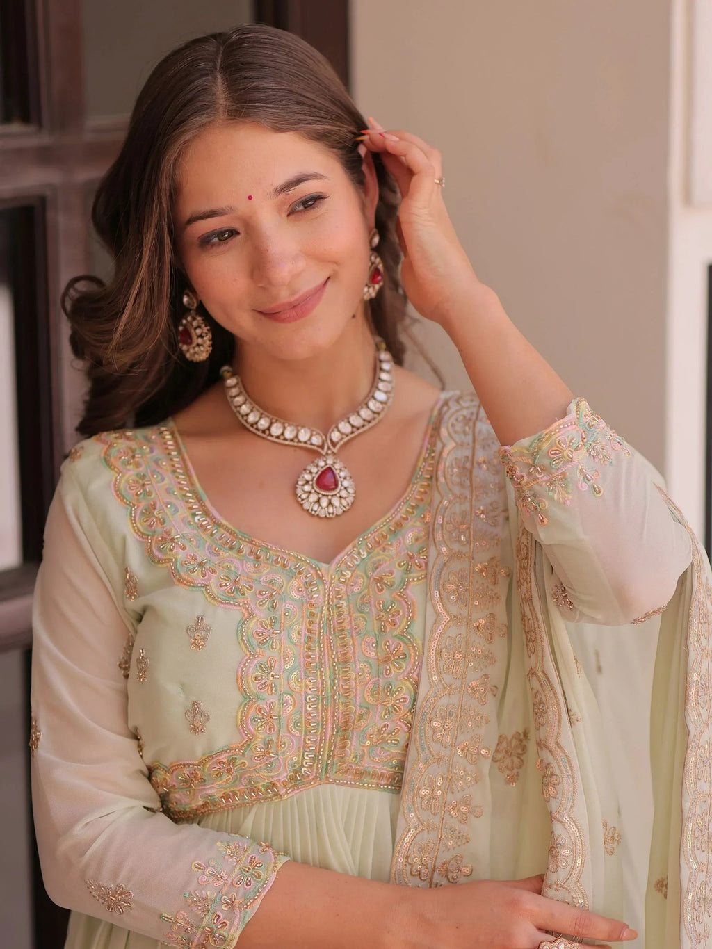 Green Stylish Thread Work Georgette Festival Wear Gown With Dupatta