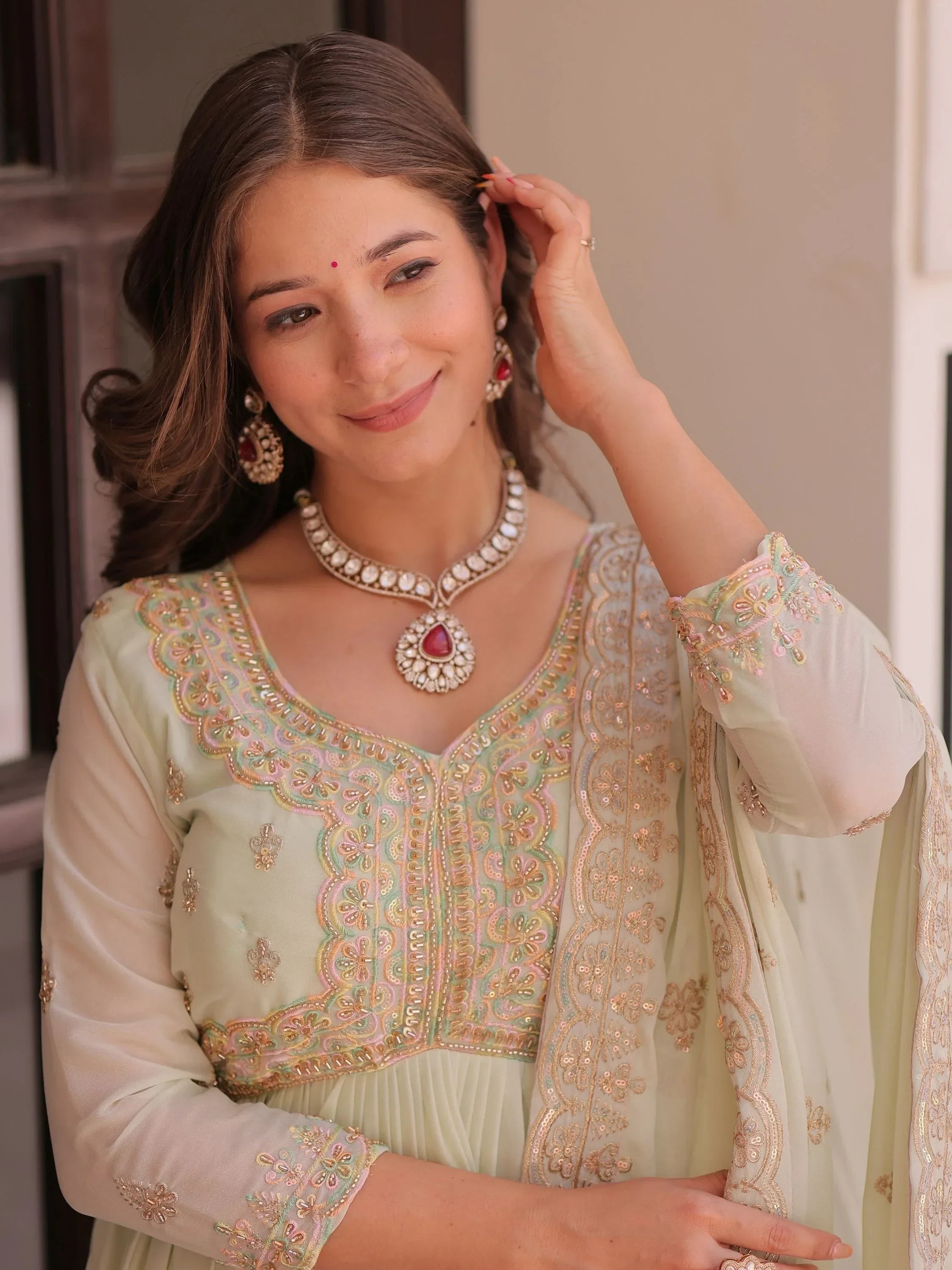 Green Stylish Thread Work Georgette Festival Wear Gown With Dupatta