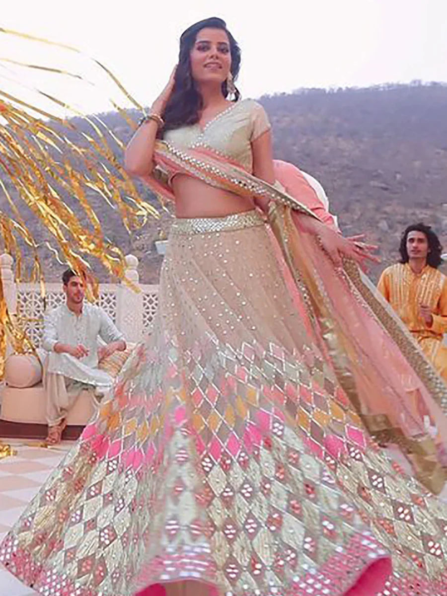 Adorbale Beige Net Sequins Wedding Wear Lehenga Choli With Dupatta