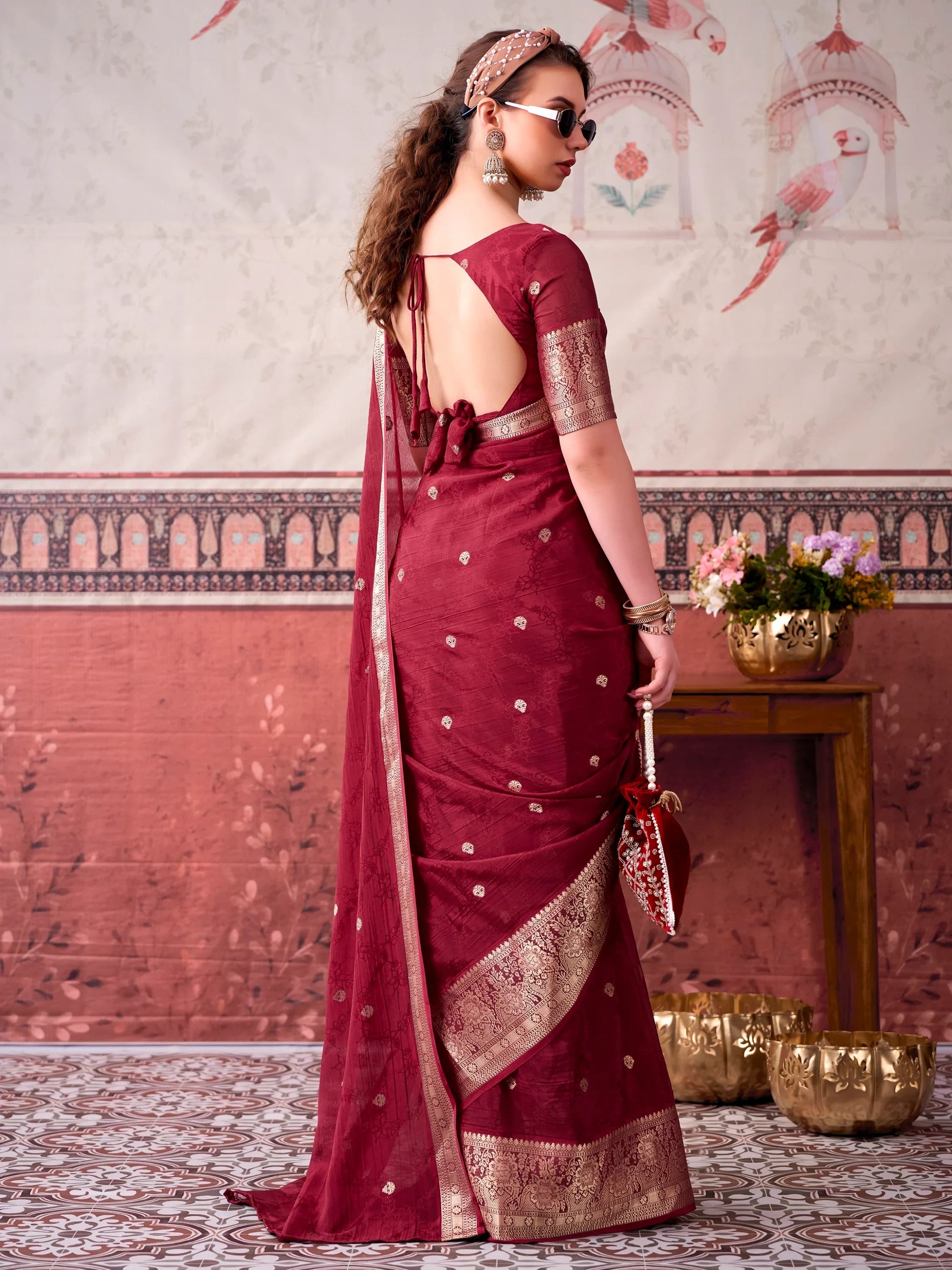 Maroon Admirable Printed Chinon Haldi Wear Saree With Blouse
