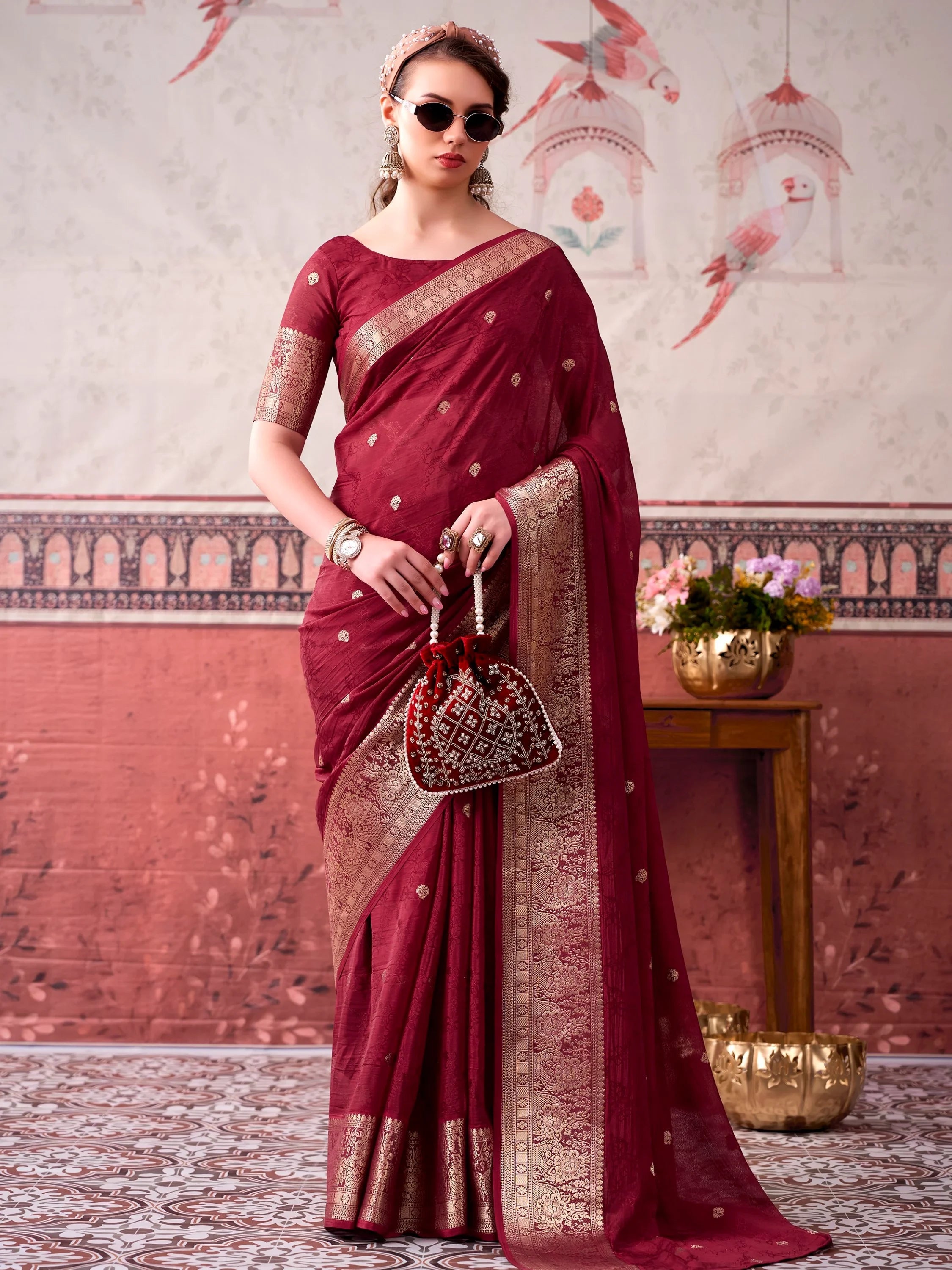 Maroon Admirable Printed Chinon Haldi Wear Saree With Blouse