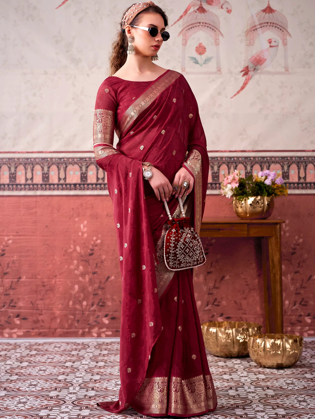Maroon Admirable Printed Chinon Haldi Wear Saree With Blouse