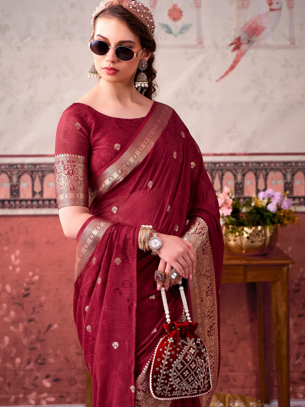 Maroon Admirable Printed Chinon Haldi Wear Saree With Blouse