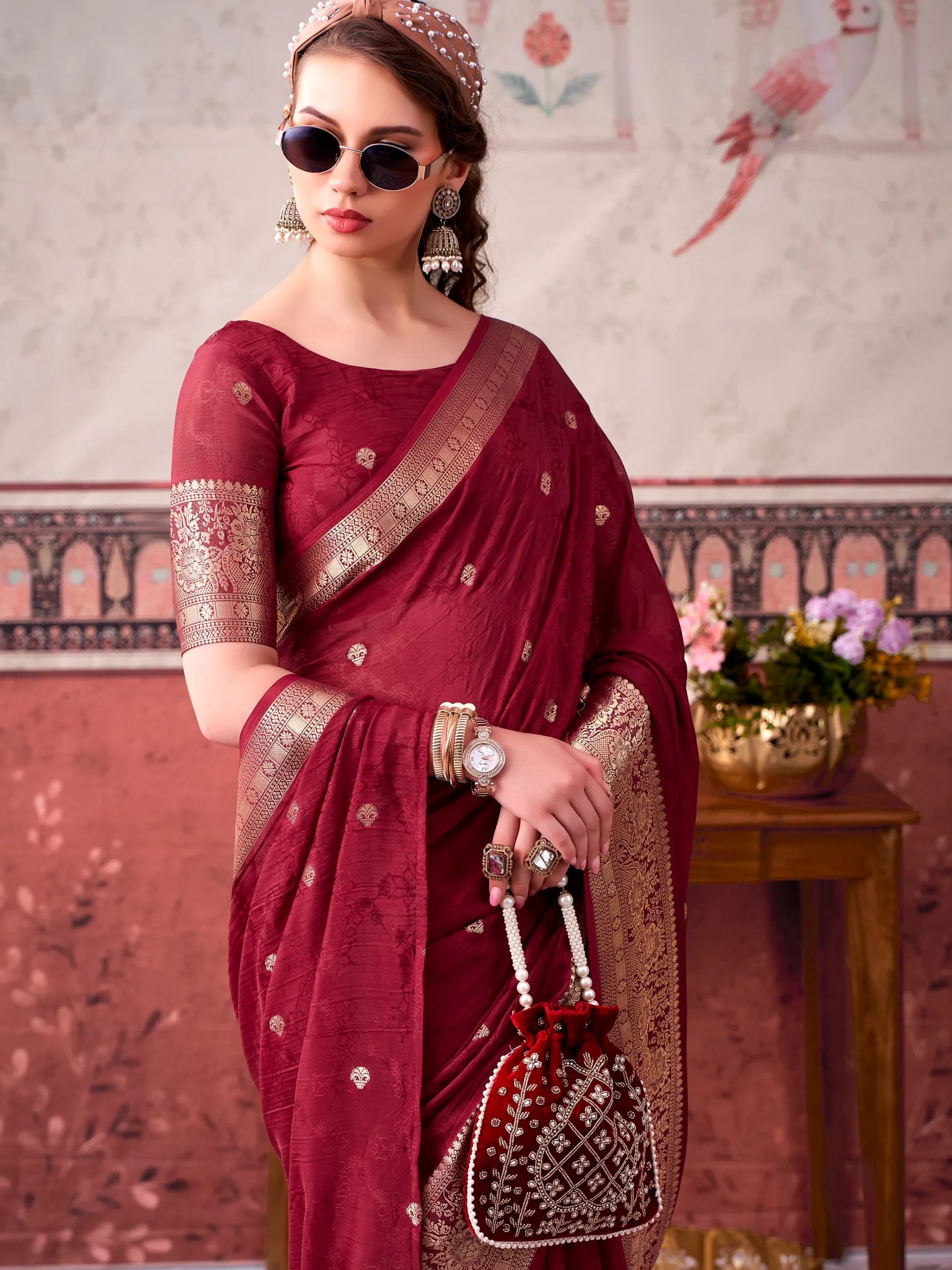 Maroon Admirable Printed Chinon Haldi Wear Saree With Blouse