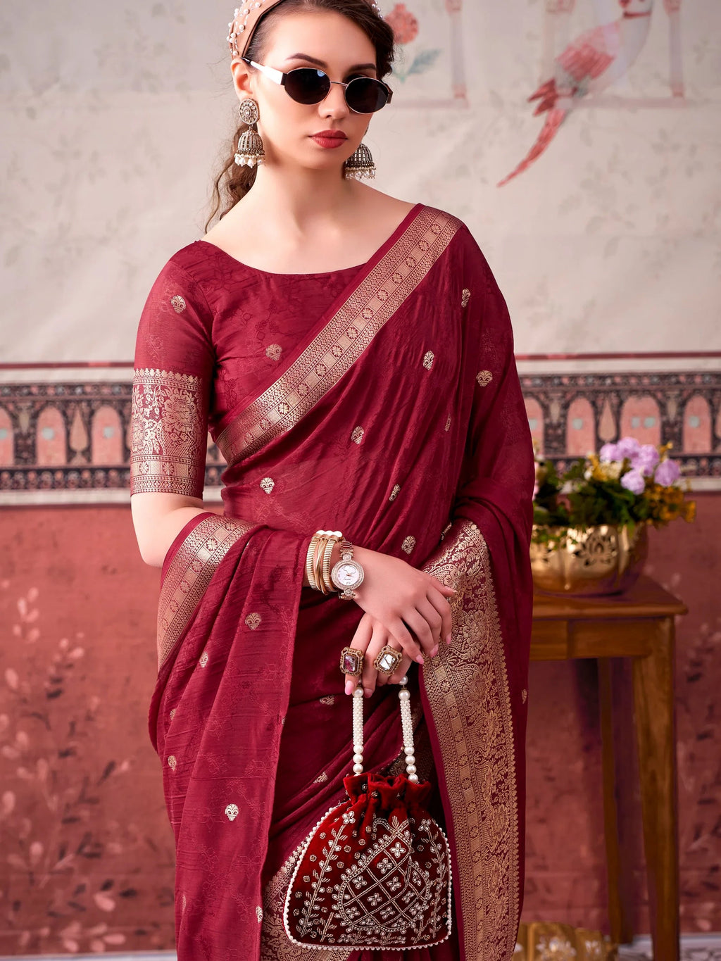 Maroon Admirable Printed Chinon Haldi Wear Saree With Blouse