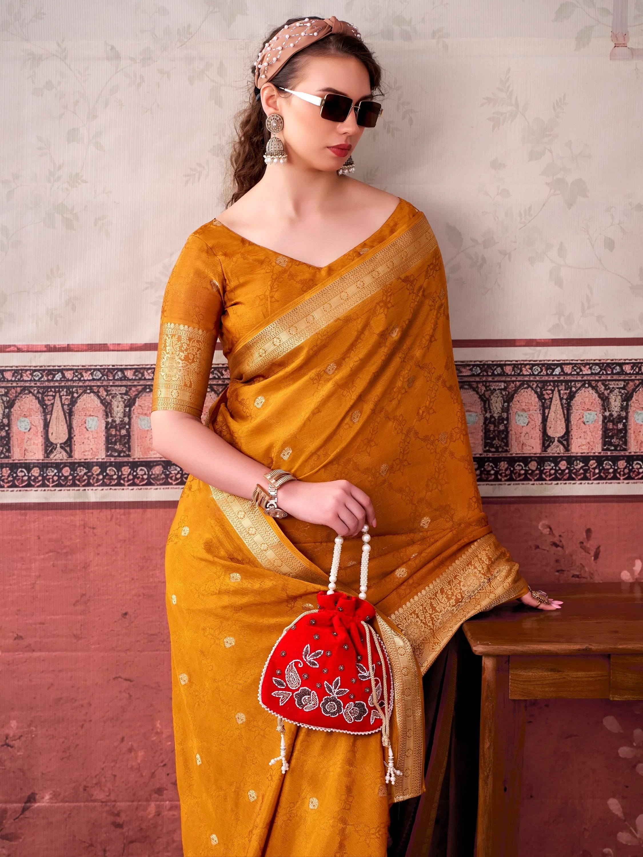 Mustard Admirable Printed Chinon Haldi Wear Saree With Blouse