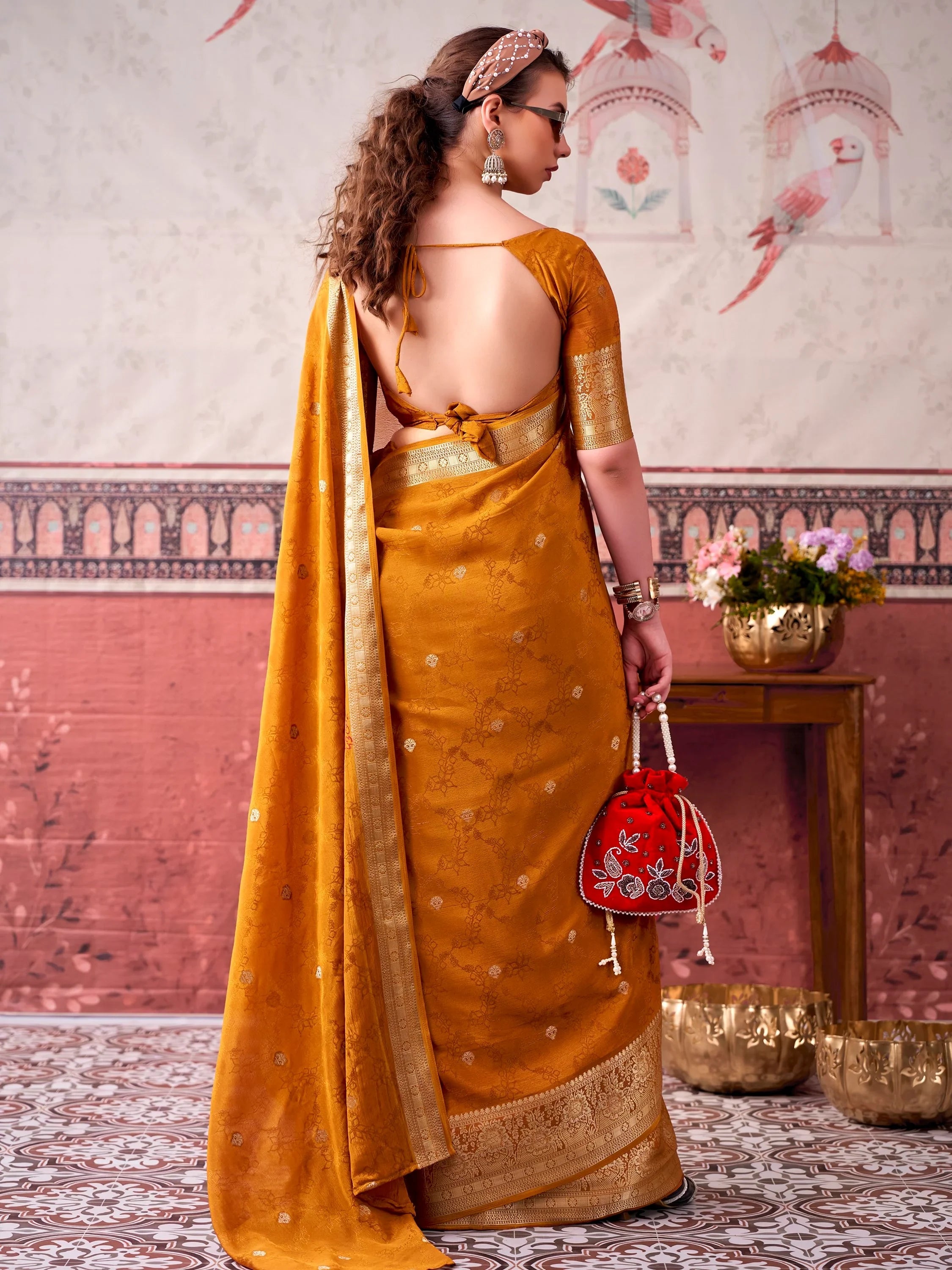 Mustard Admirable Printed Chinon Haldi Wear Saree With Blouse