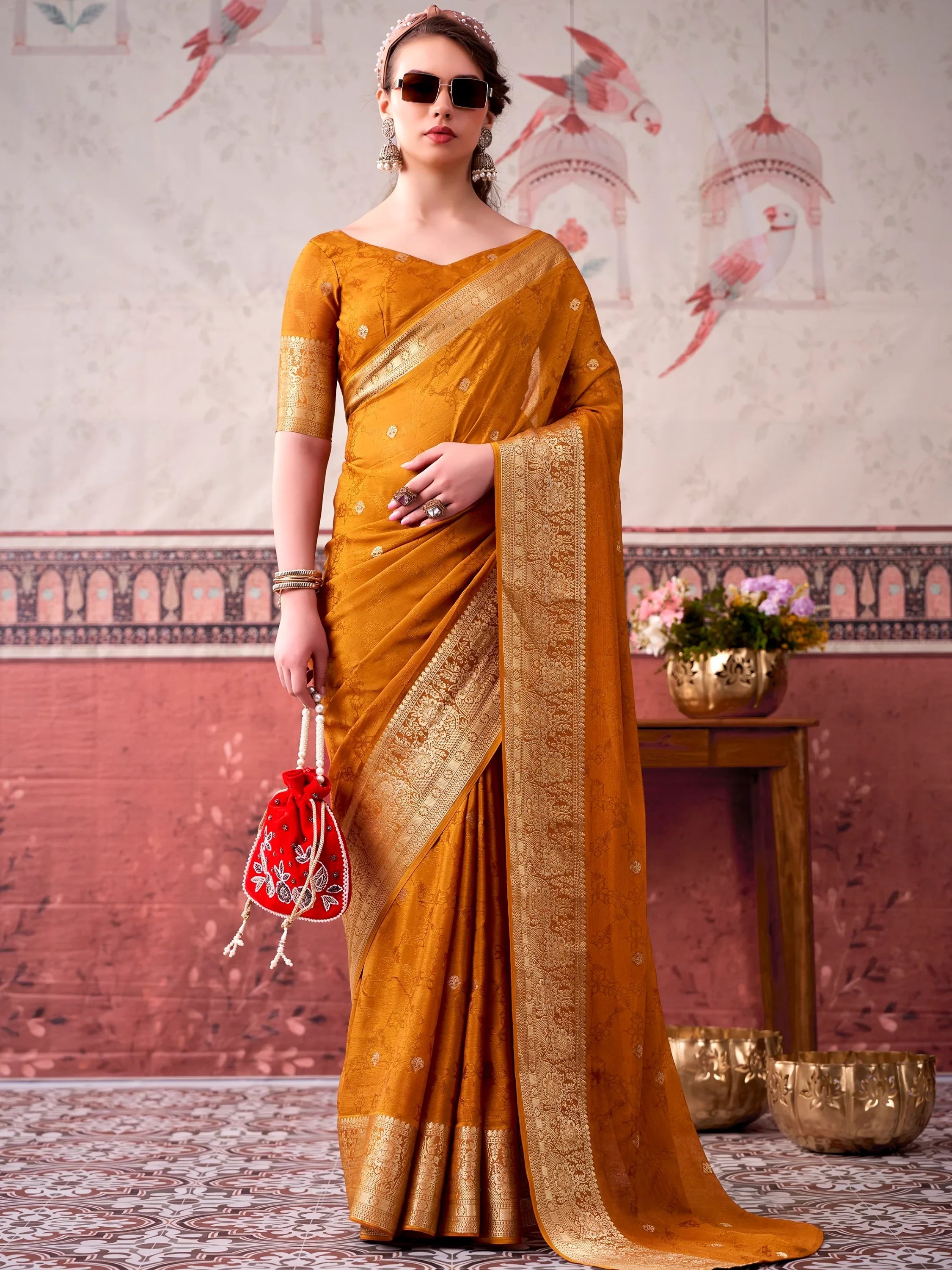 Mustard Admirable Printed Chinon Haldi Wear Saree With Blouse
